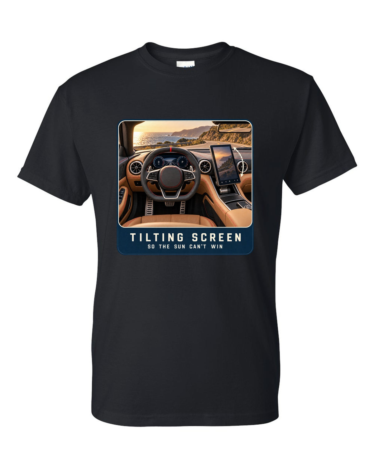 Mercedes-AMG SL63 R232 cockpit driver view with tilting central screen print black t-shirt front view with the design