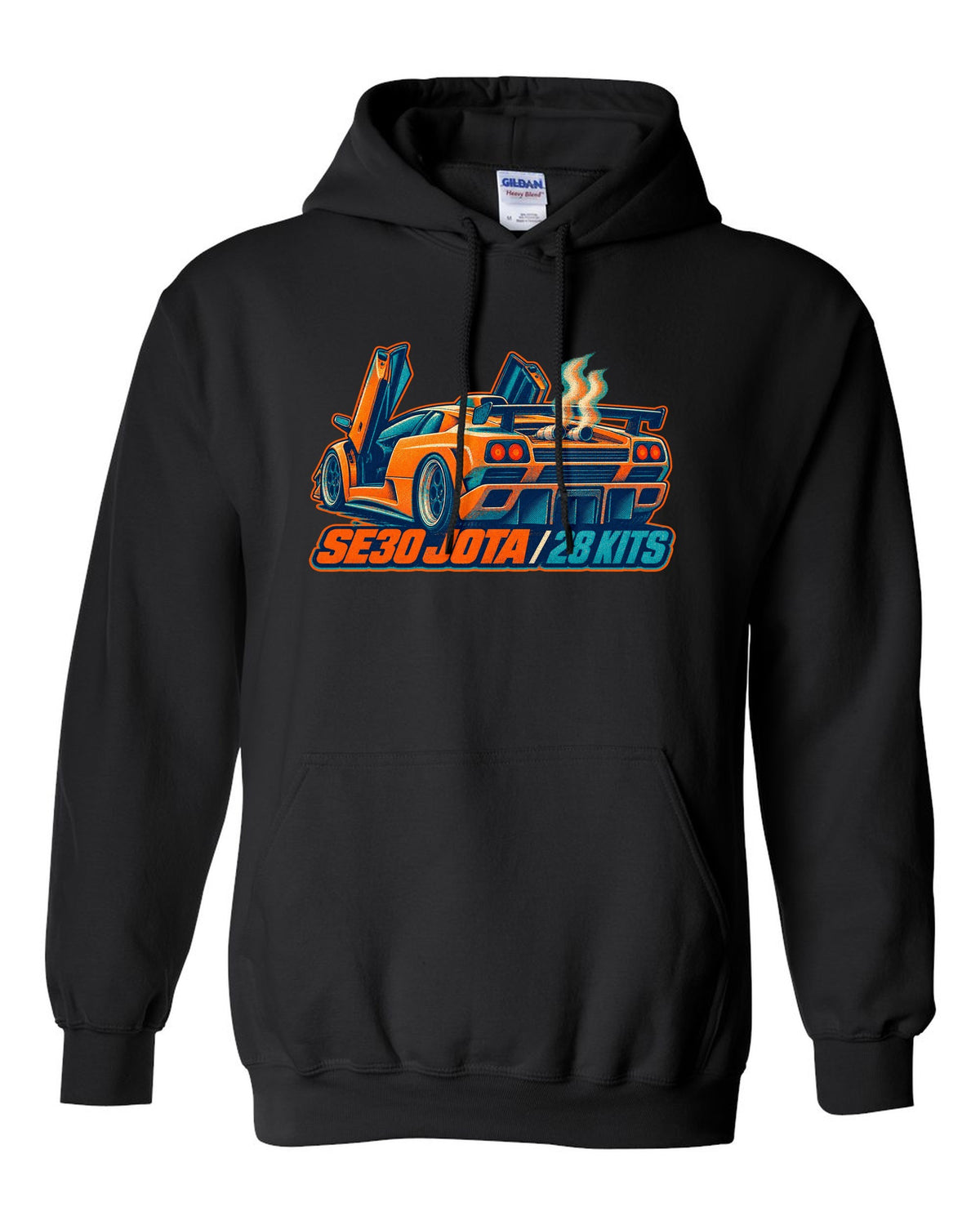 Risograph spot-colour print of a 1995 Lamborghini Diablo SE30 Jota with 28 kits lettering black pull over hoodie front view with the design
