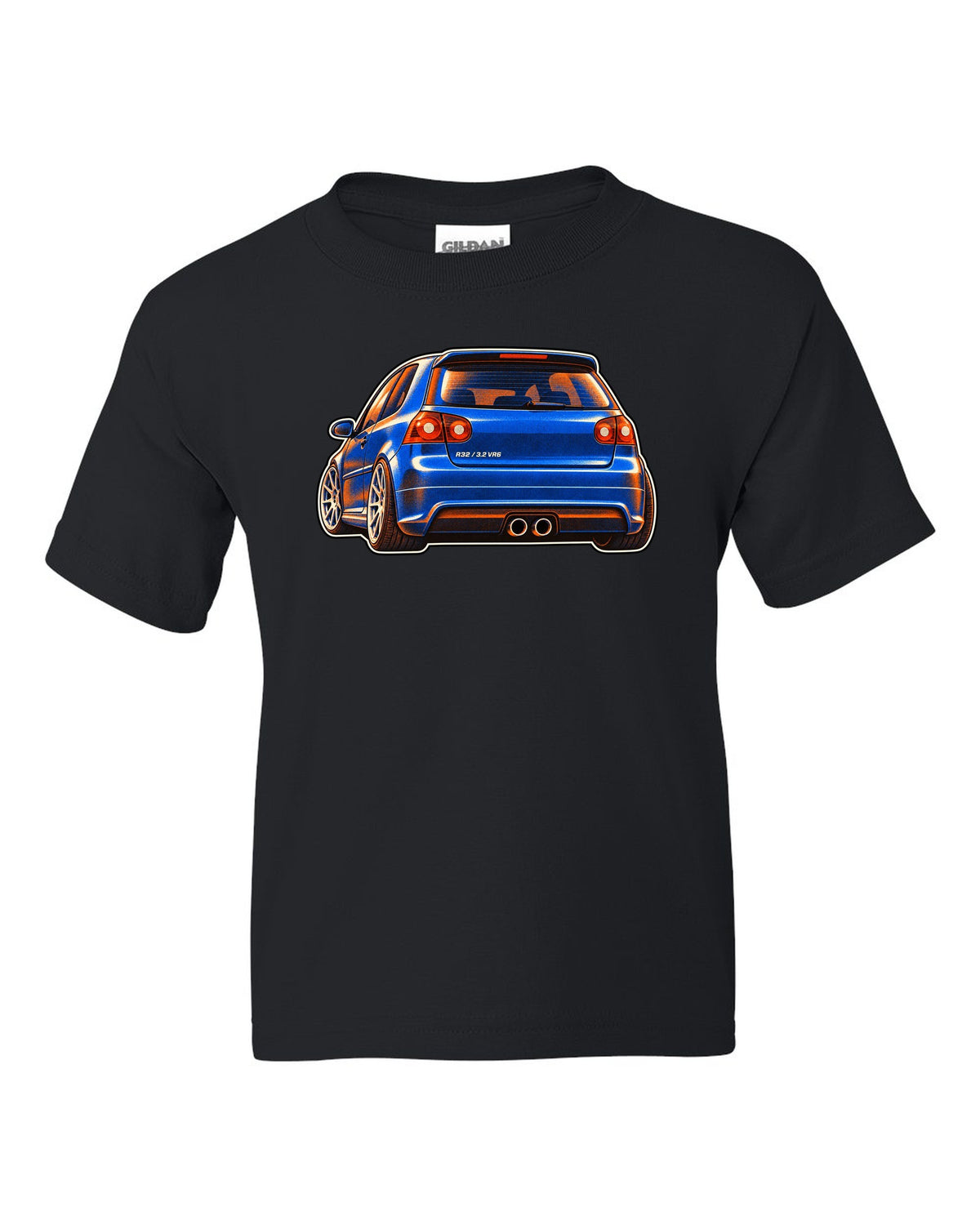 Risograph style print of a VW Golf R32 Mk5 with twin exhaust pipes and 3.2 VR6 text black kids tee front view with the design