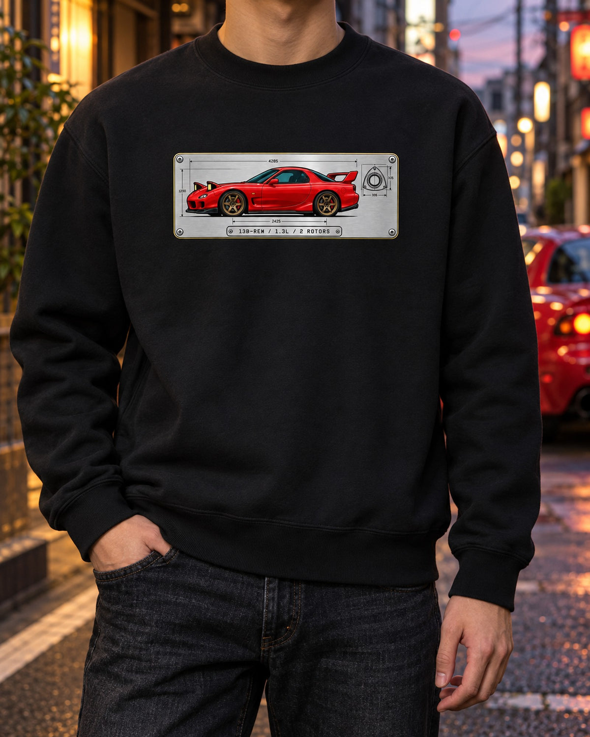 Mazda RX-7 FD3S 13B-REW Rotary Data Plate Tee Crewneck Black worn hero