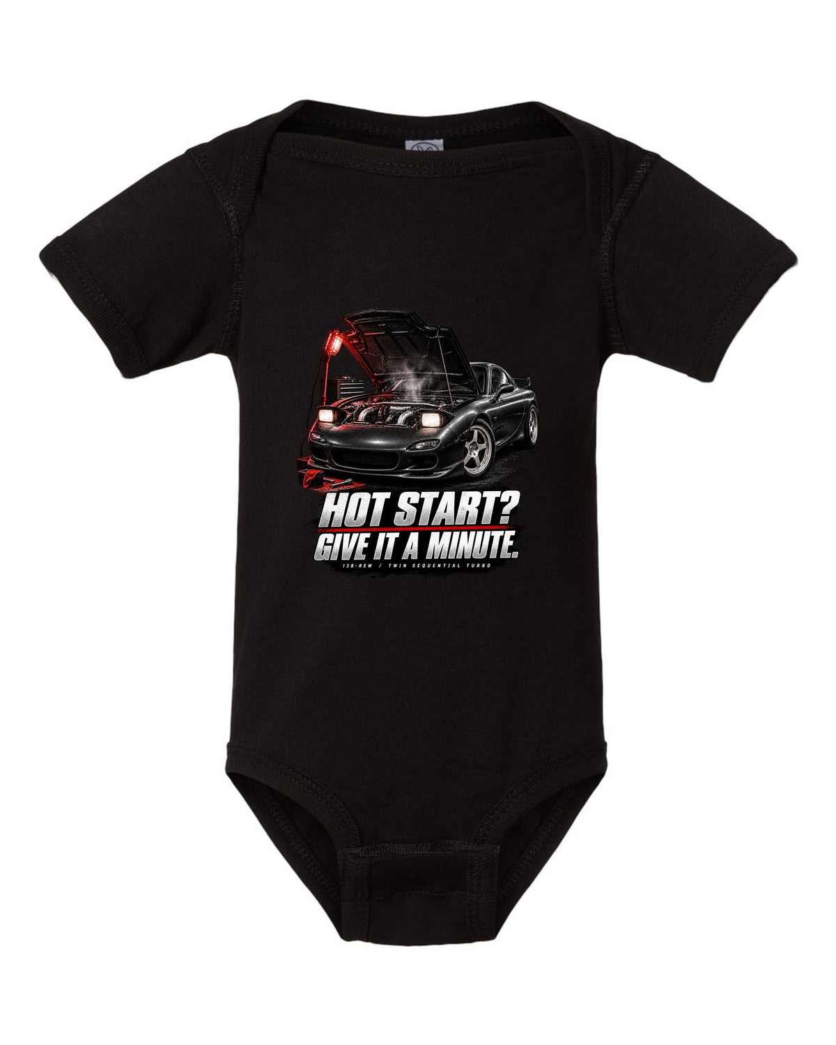 Garage night print of a Mazda RX-7 FD3S with hot start joke and 13B-REW lettering black baby onesie front view with the design