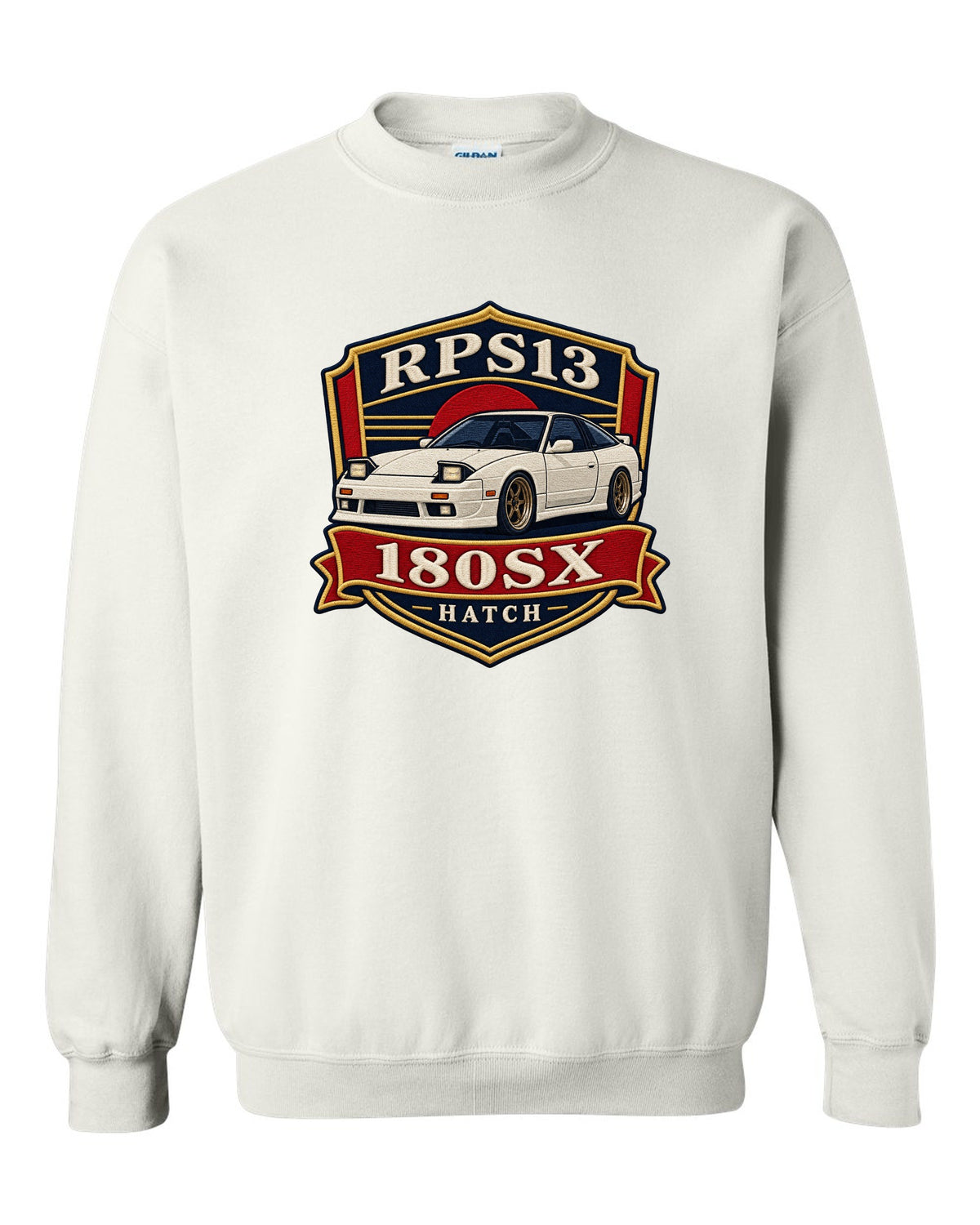 Shield crest print for the Nissan 180SX RPS13 chback white crewneck front view with the design