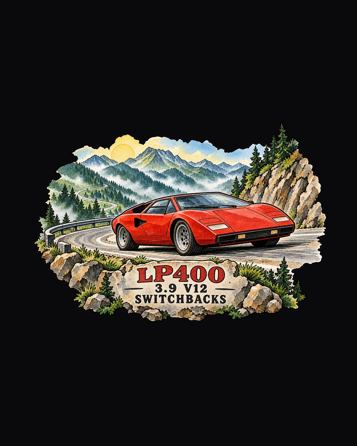 Countach LP400 Ink Wash Switchbacks Shirt, 3.9 V12 Tee design only