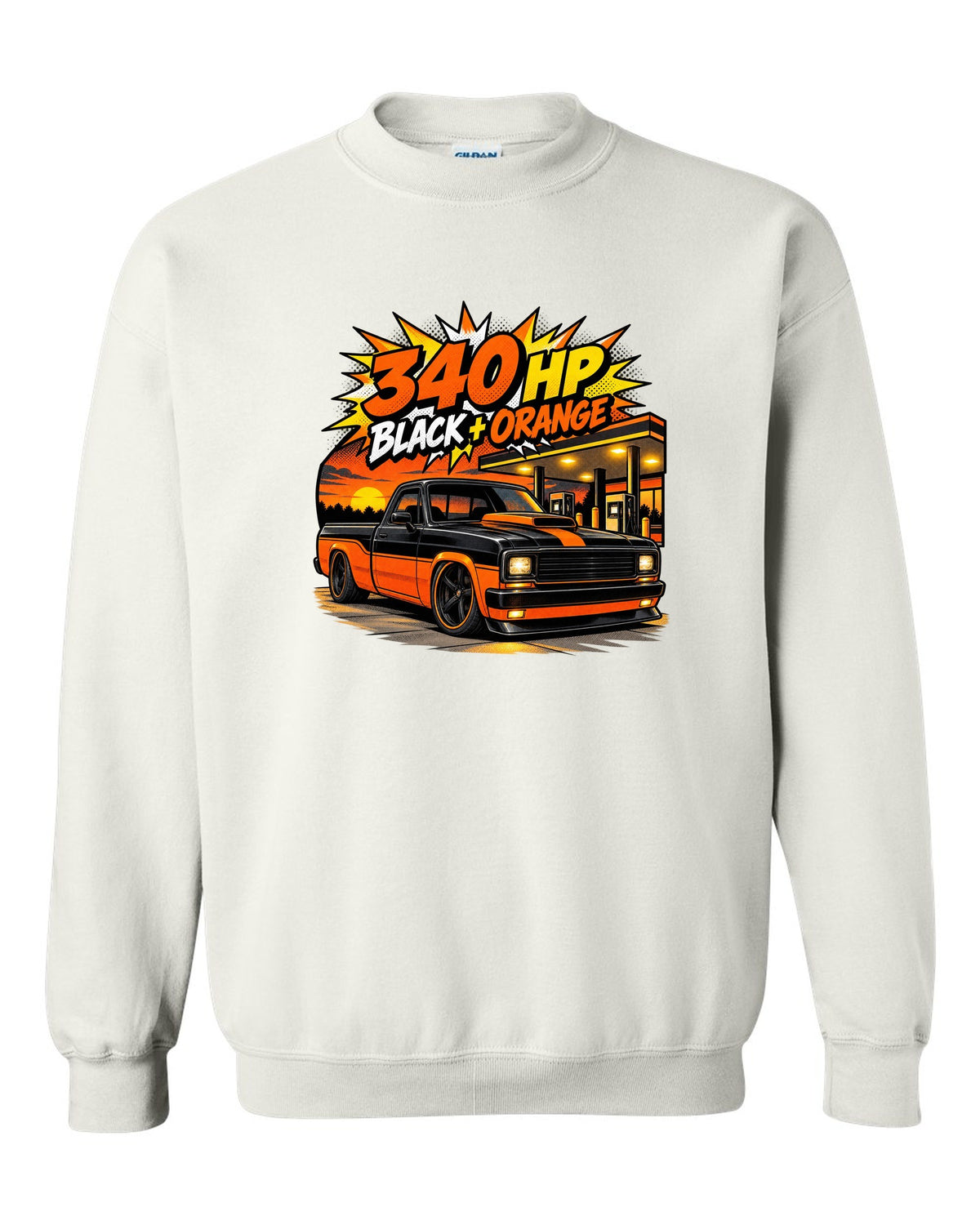 Ford F-150 SVT Lightning Harley edition in a comic halftone pop-art print white crewneck front view with the design