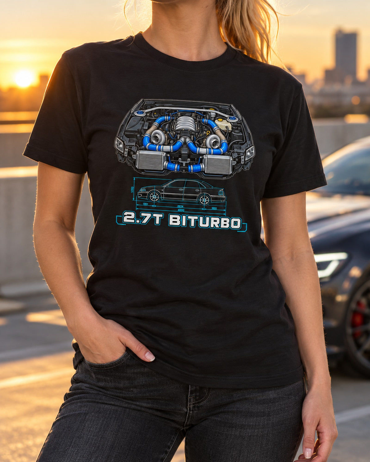 Audi S4 B5 2.7T Biturbo Technical Blueprint Car Shirt T-Shirt Black worn hero