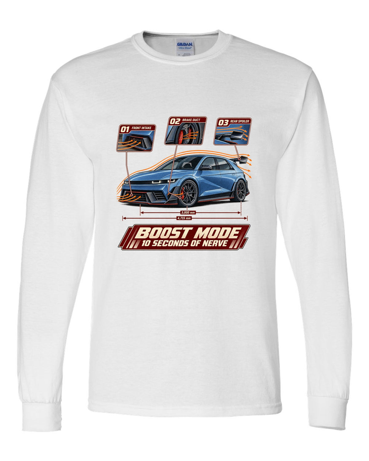 Hyundai Ioniq 5 N aero cutaway callouts print white long sleeve front view with the design