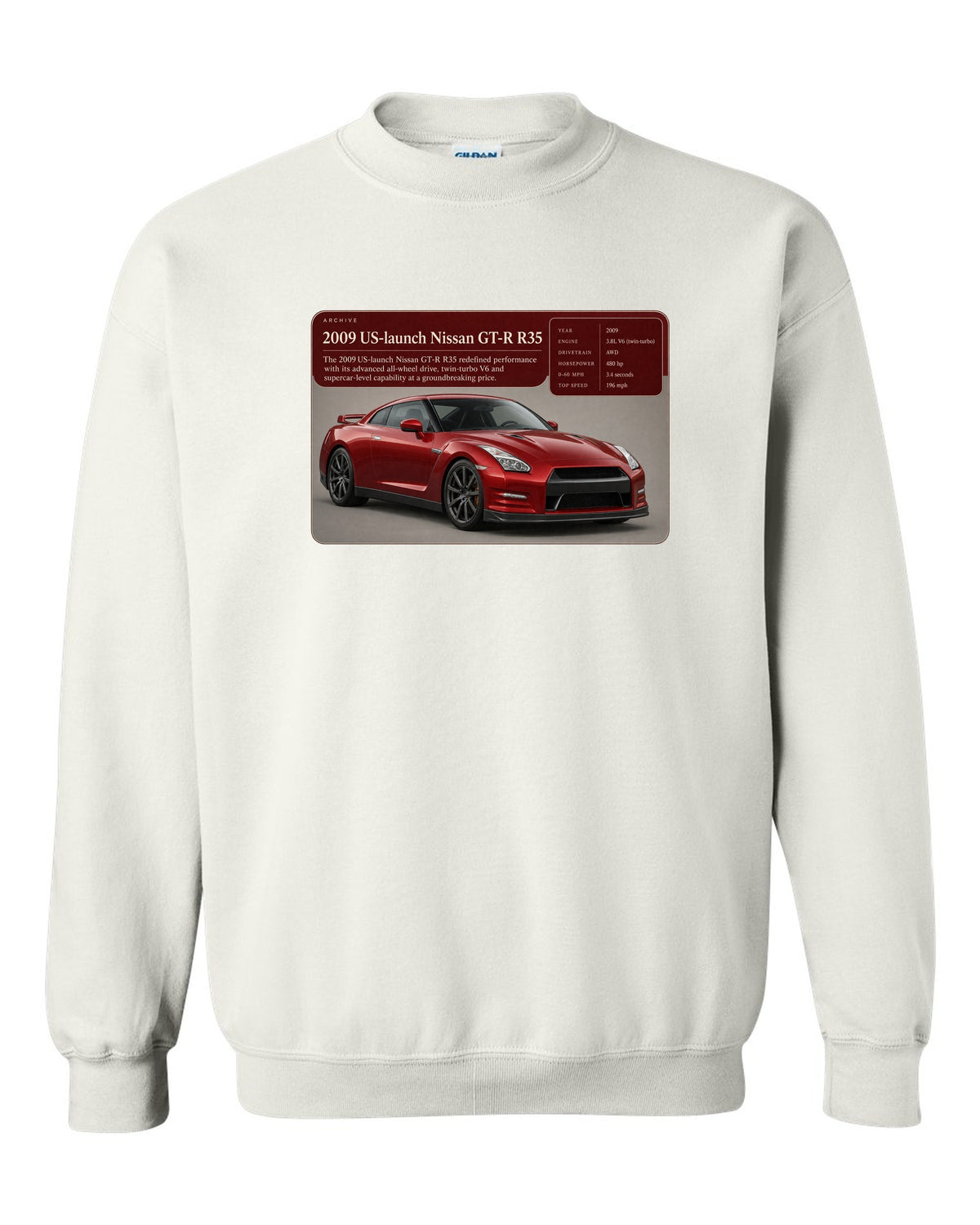 Archive panel print of a deep red 2009 US launch Nissan GT-R R35 white crewneck front view with the design