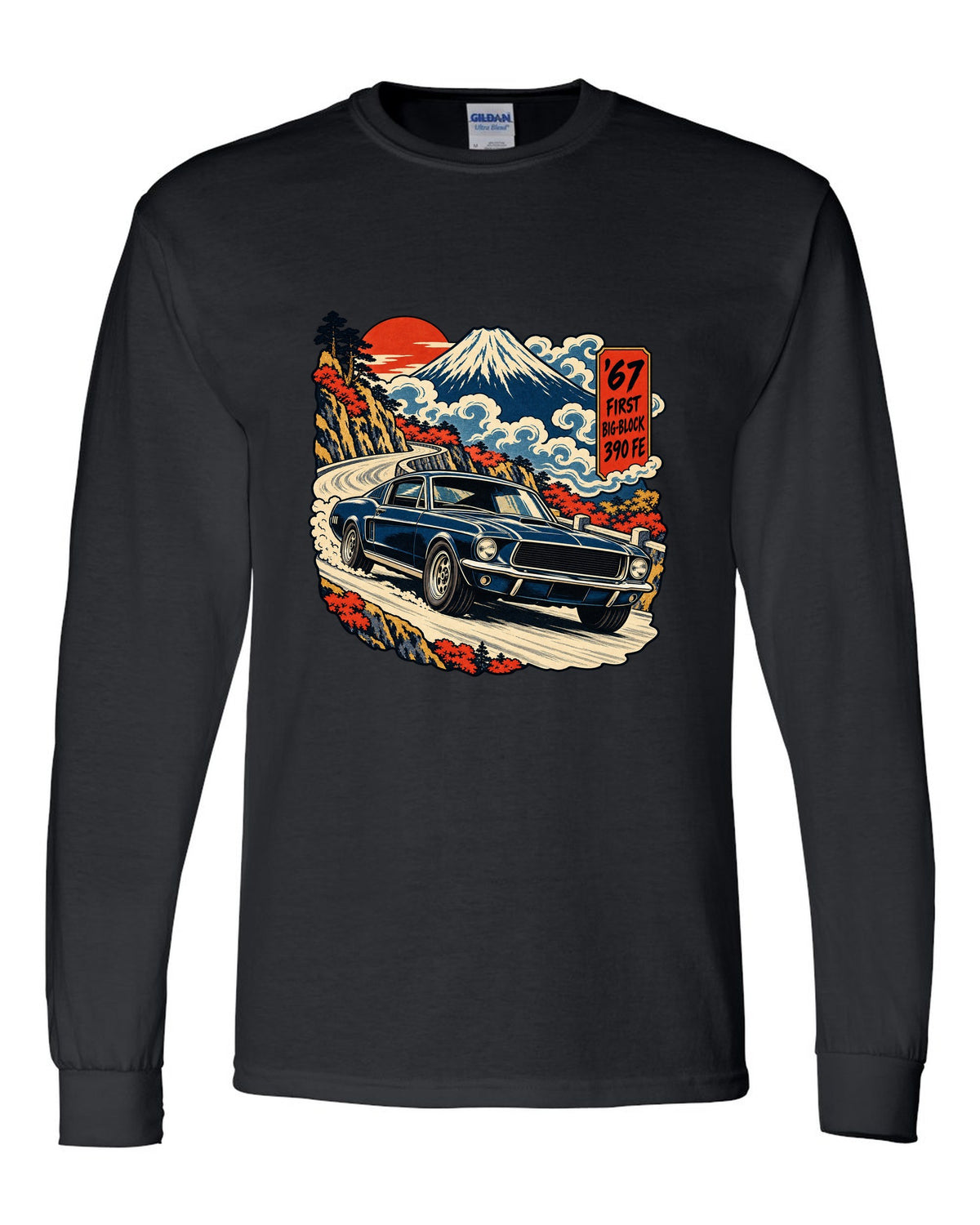 Ukiyo-e woodblock print of a 1967 Ford Mustang fastback with 390 FE first big-block text black long sleeve front view with the design