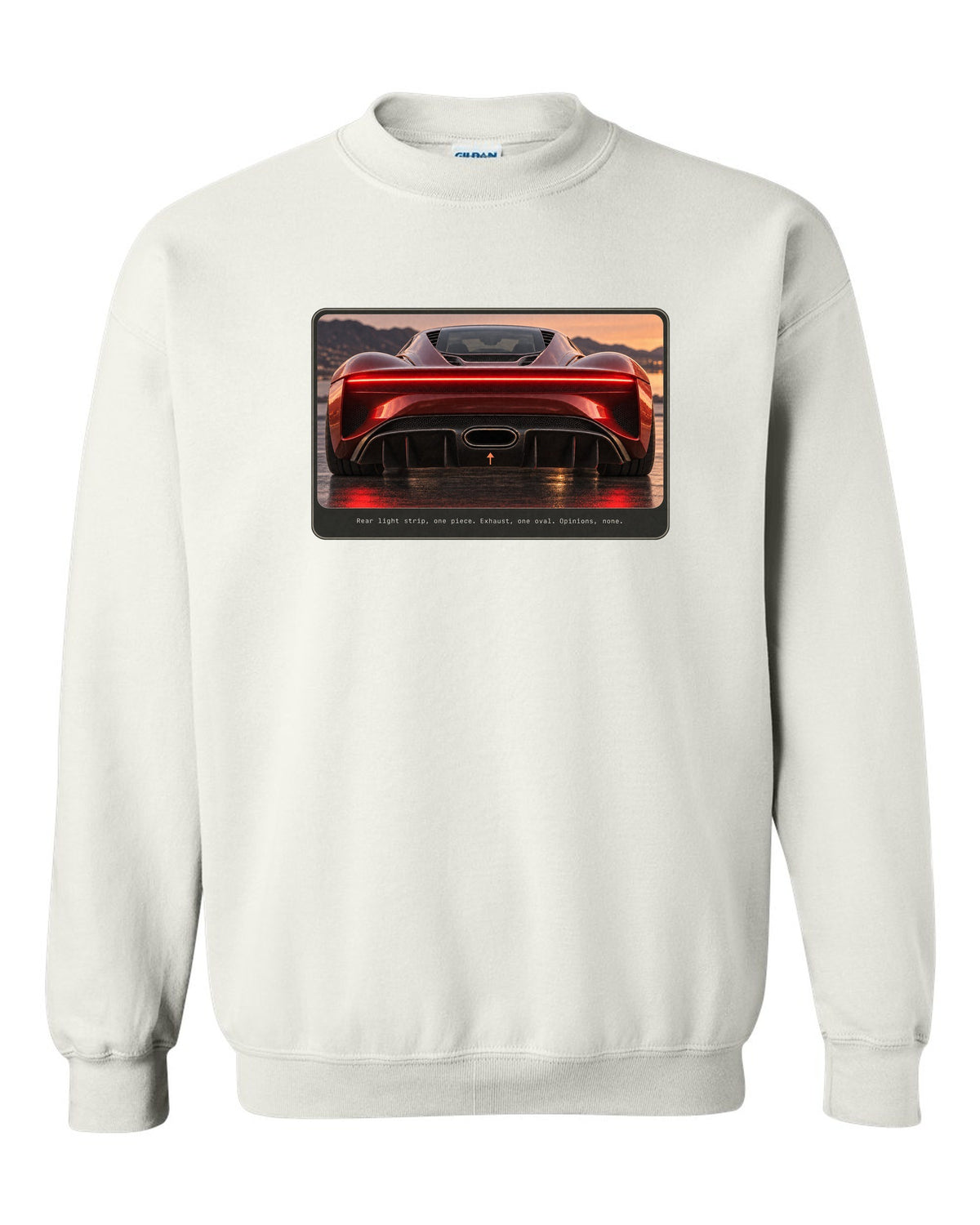 Bugatti Chiron rear light strip and oval exhaust macro print white crewneck front view with the design