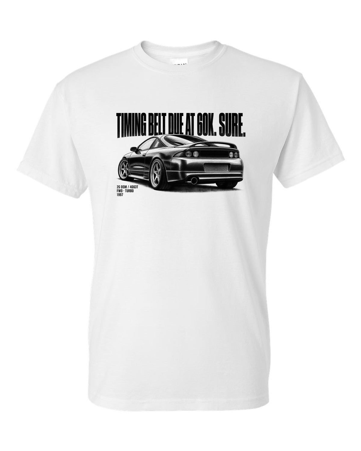 Mitsubishi Eclipse GS-T 2G DSM halftone print with timing belt joke and 4G63T text white t-shirt front view with the design