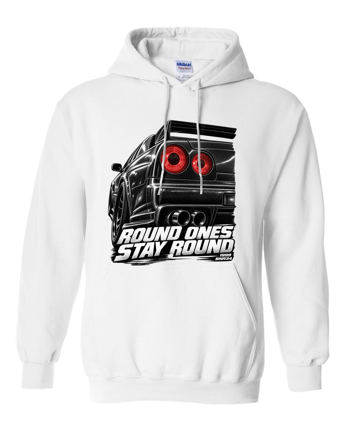 Macro print of the round taillights on a Nissan Skyline GT-R R34 BNR34 white pull over hoodie front view with the design