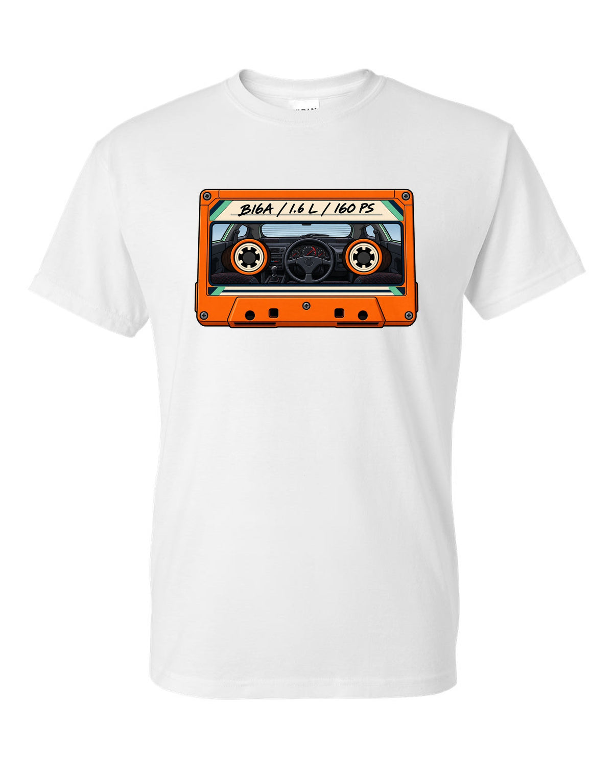 Lo-fi cassette label style print for a Honda Civic EG6 SiR with B16A 1.6 L 160 PS text white t-shirt front view with the design