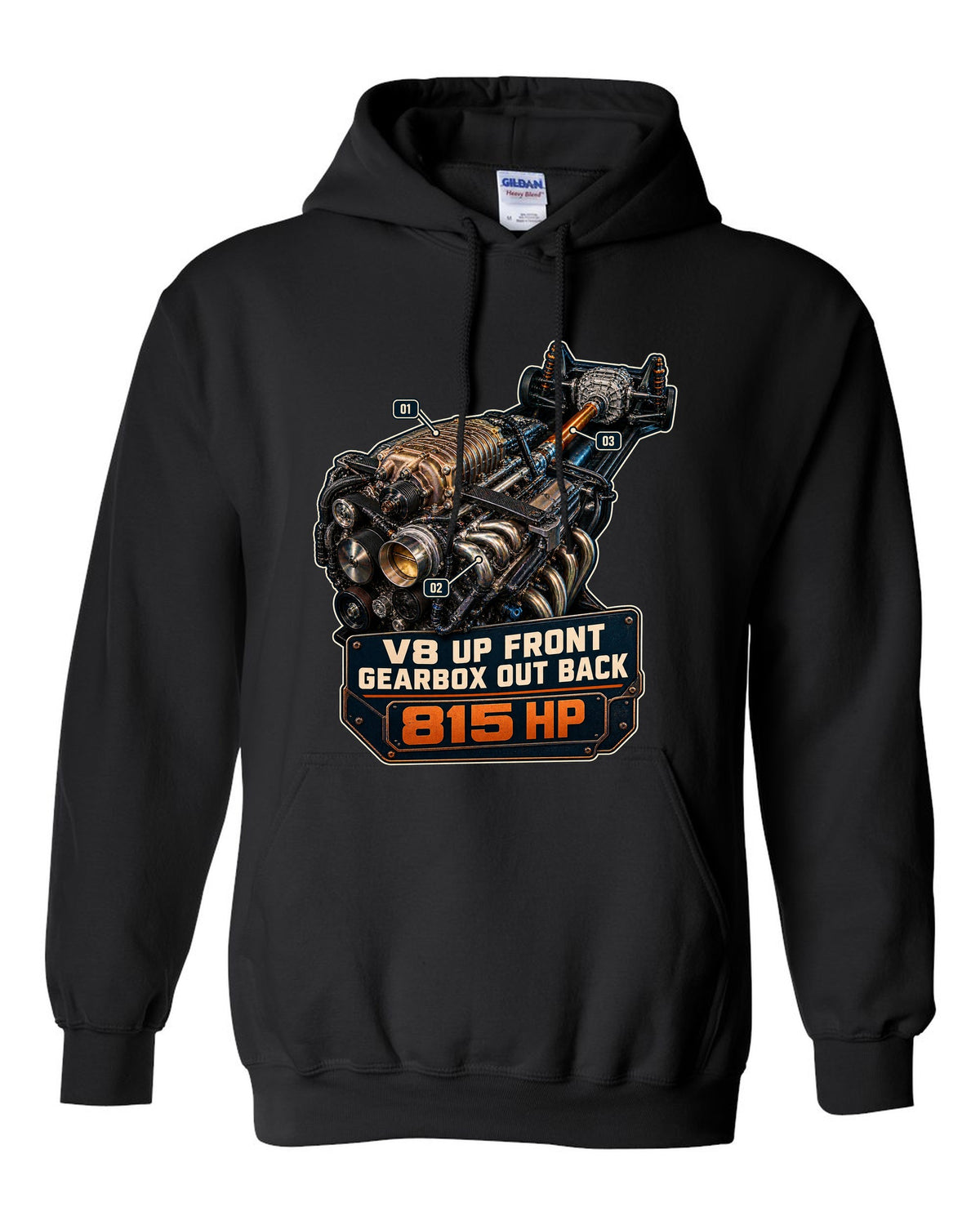 print of a Mustang GTD supercharged V8 engine with V8 up front gearbox out back text black pull over hoodie front view with the design
