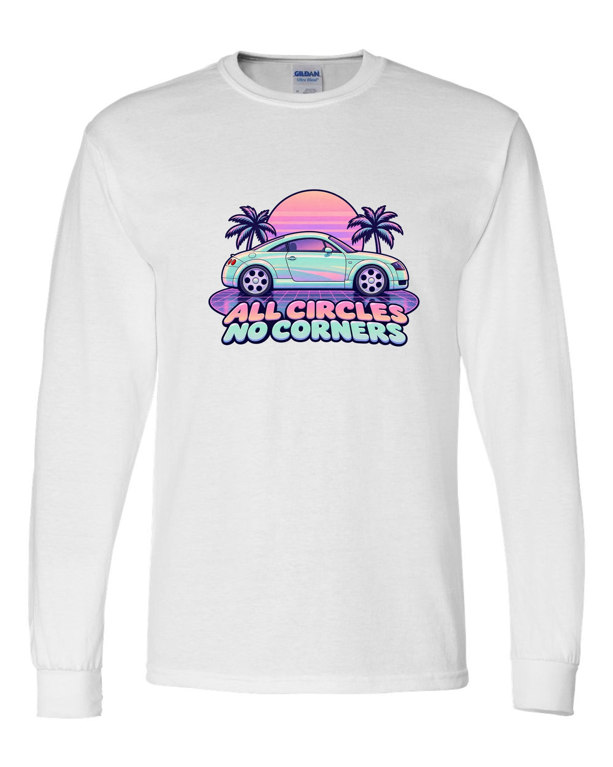 Pastel vaporwave print of an Audi TT Coupe 8N with all circles no corners text white long sleeve front view with the design