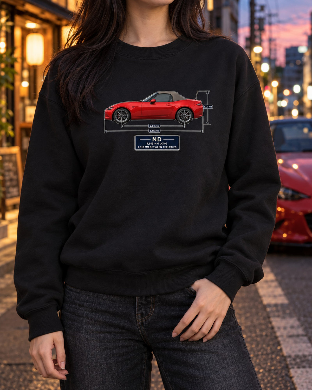 Mazda MX-5 ND1 Soft Top Dimension Blueprint Shirt, Miata Gift Crewneck Black worn hero