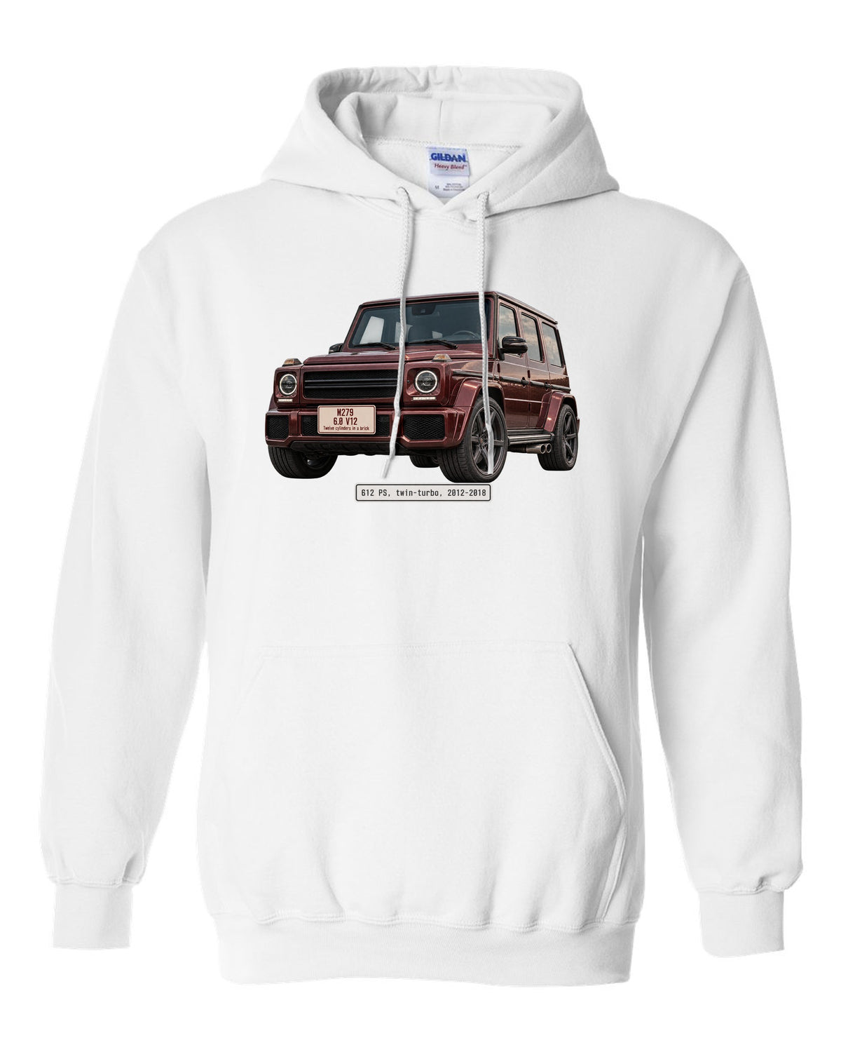Editorial headline print of a Mercedes-AMG G65 W463 V12 white pull over hoodie front view with the design