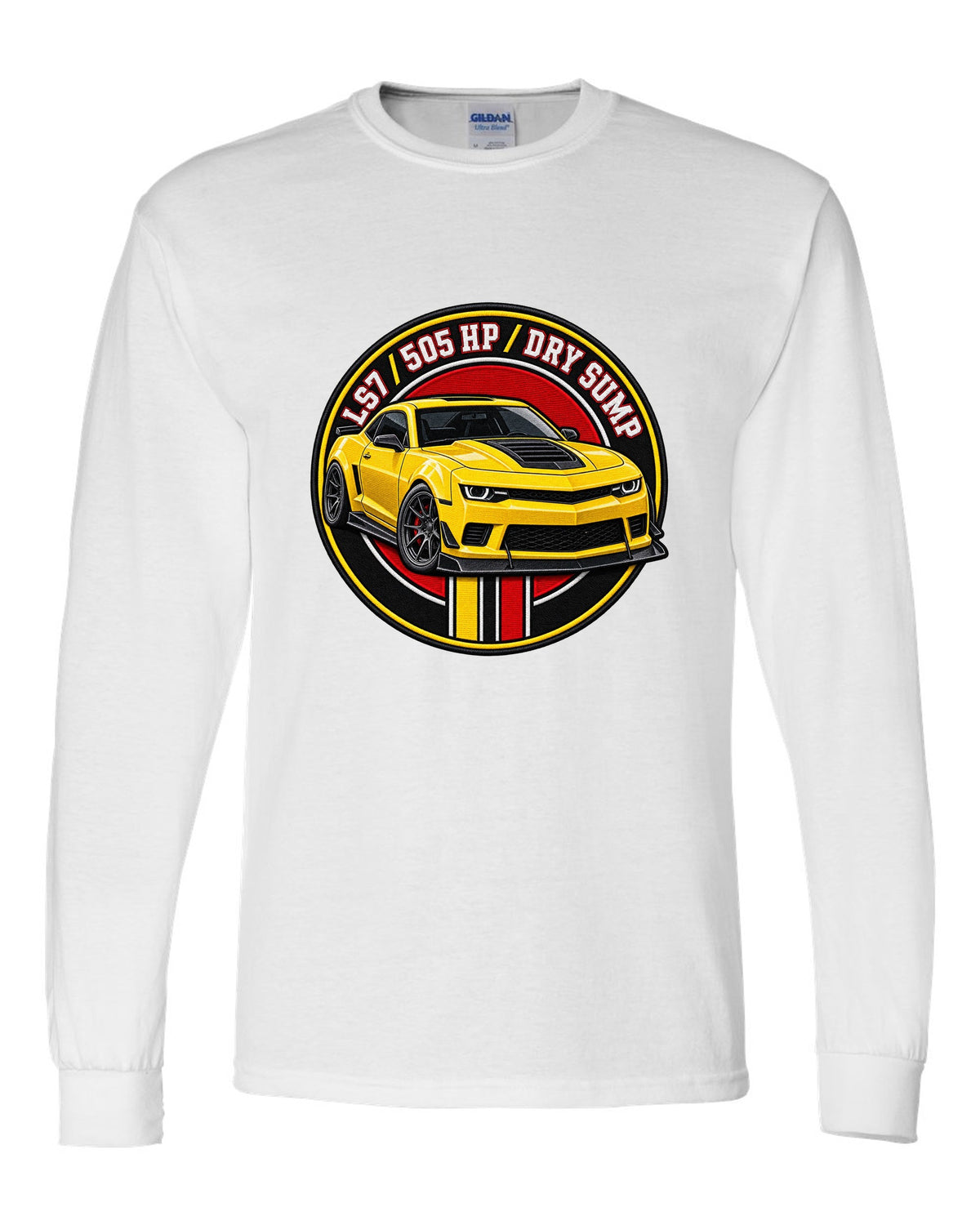 2014 Camaro Z/28 in a varsity crest design with text LS7 505 HP Dry Sump white long sleeve front view with the design