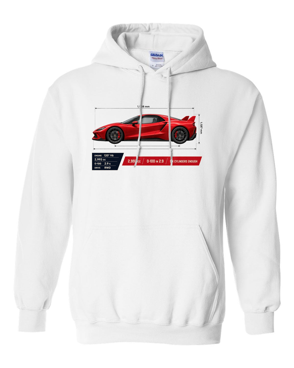 Ferrari 296 GTB spec poster print with 2,992 cc and 0-100 in 2.9 white pull over hoodie front view with the design