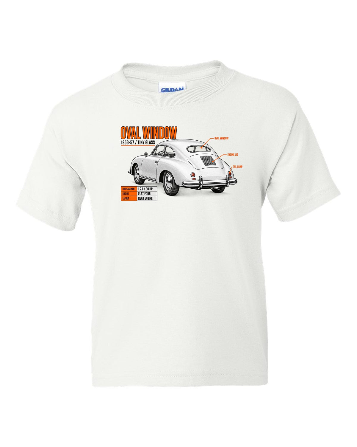 Spec poster print of a VW Beetle oval-window rear three-quarter with 1953-57 text white kids tee front view with the design
