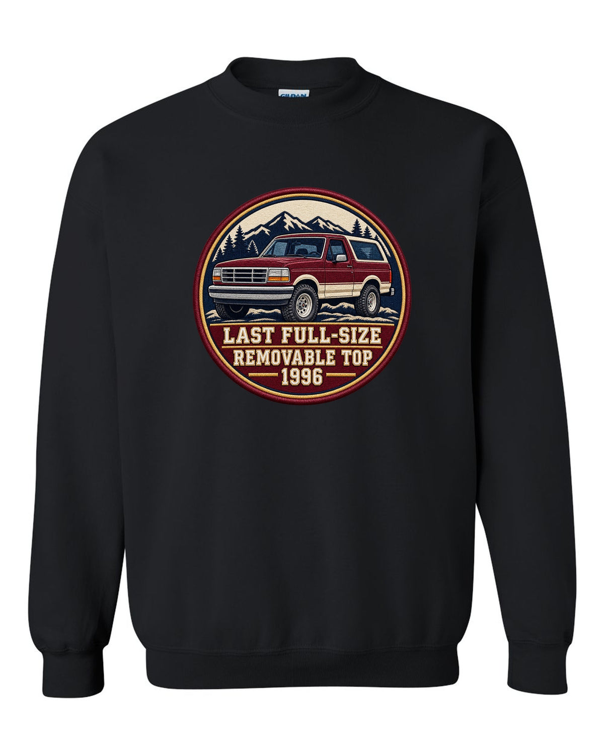 Round varsity crest print for a 1992-96 Ford Bronco OBS with removable top text black crewneck front view with the design