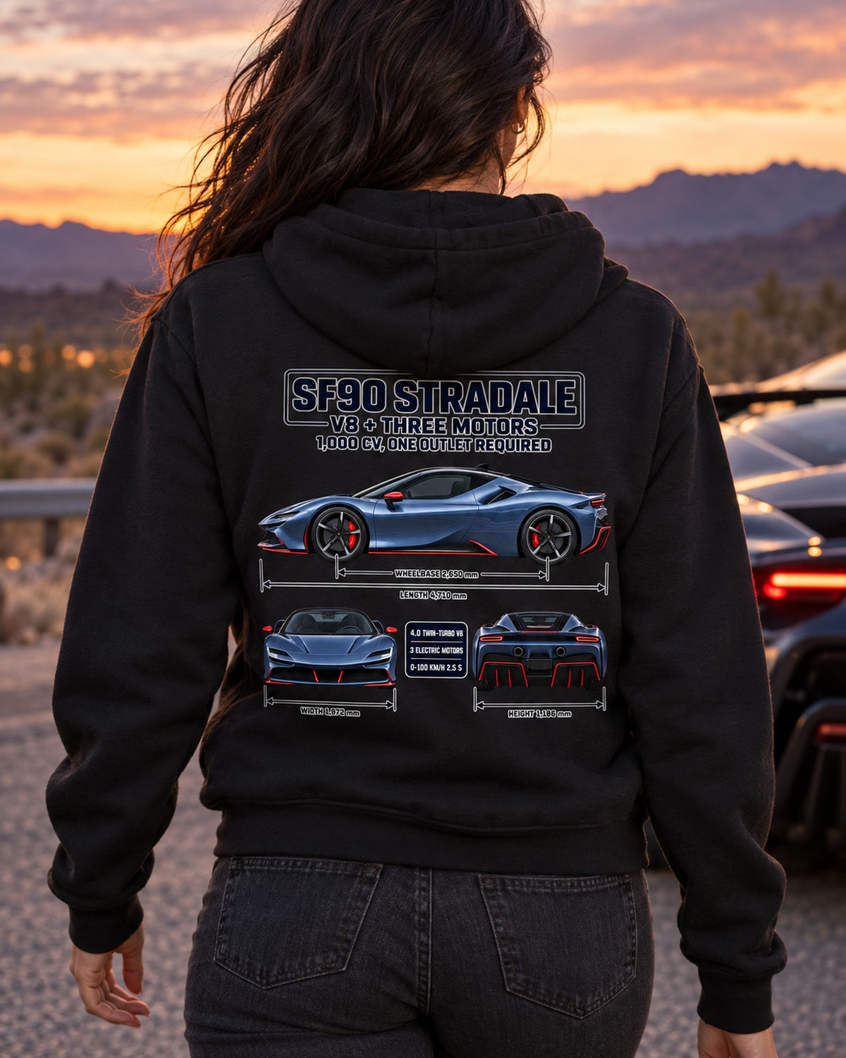 Ferrari SF90 Stradale Three-View Spec Sheet Tee Zip Hoodie Black worn hero