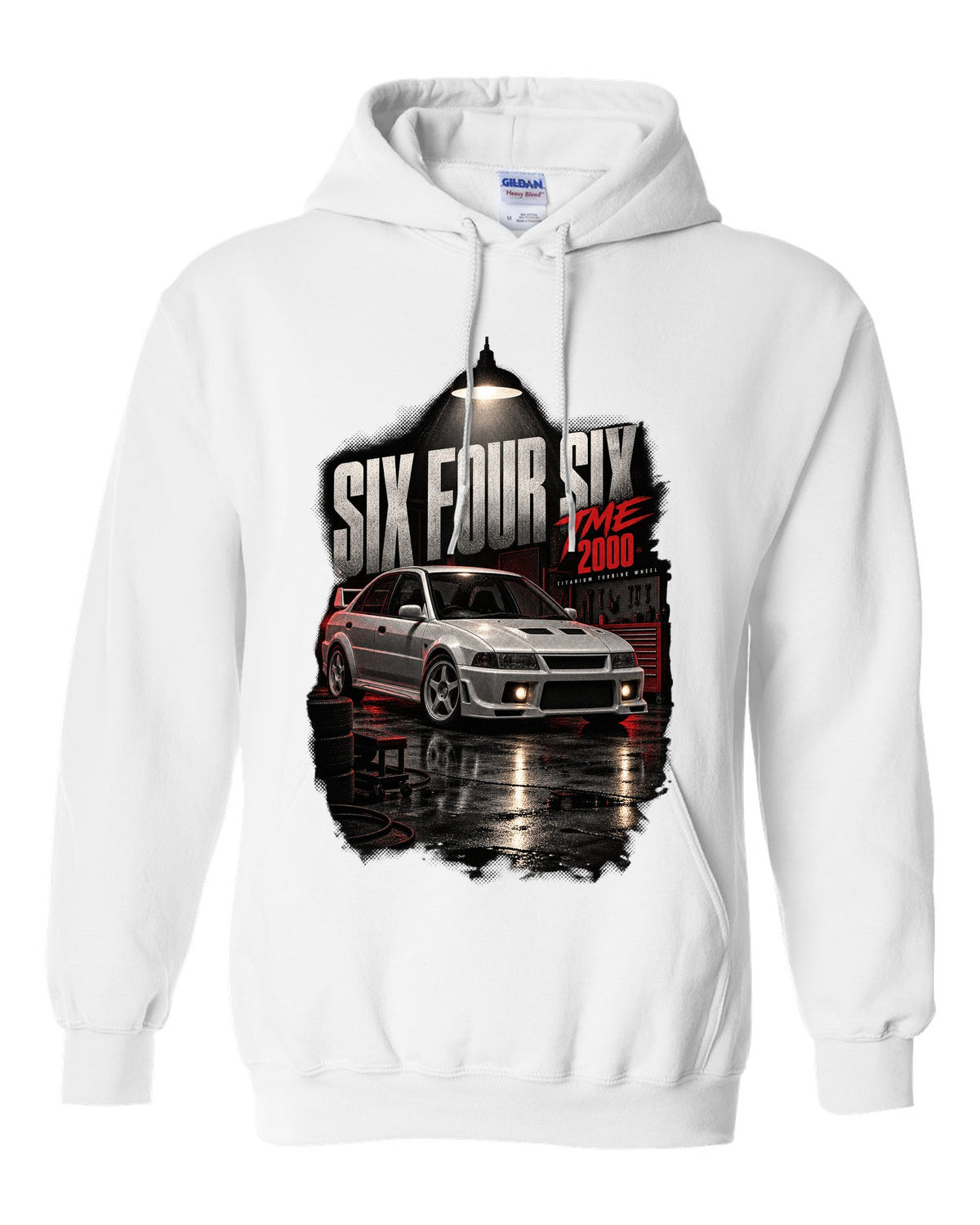 Garage night print for the Mitsubishi Lancer Evolution VI TME CP9A reading Six Four Six, titanium turbine wheel, 2000 white pull over hoodie front view with the design