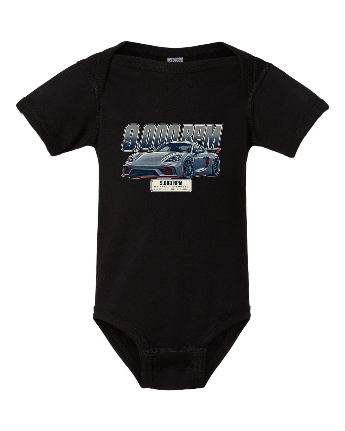 Halftone front three-quarter print of the Ferrari 458 Speciale black baby onesie front view with the design