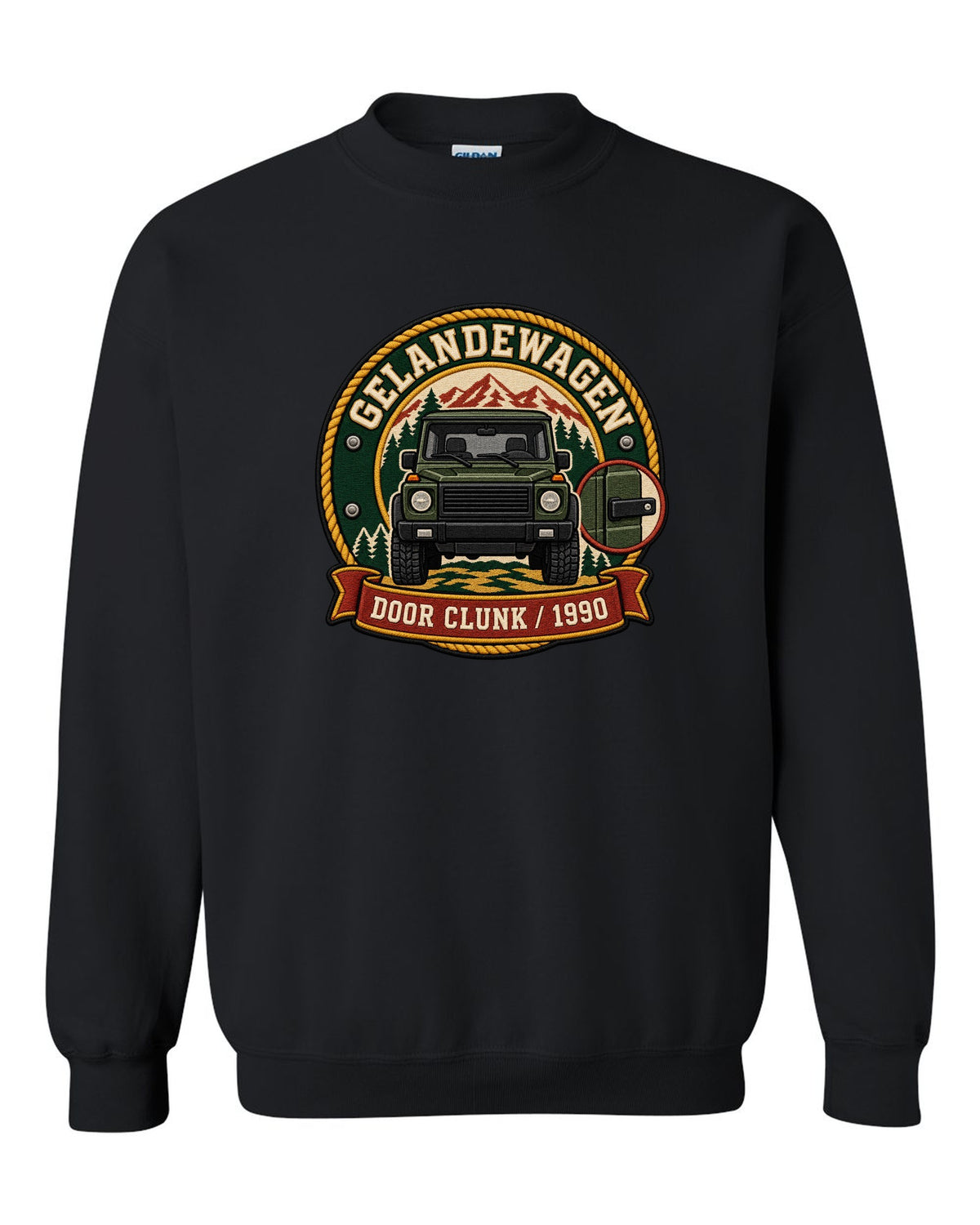 Embroidery-style shield crest graphic reading Door Clunk 1990 for a Mercedes G-Class W463, print black crewneck front view with the design