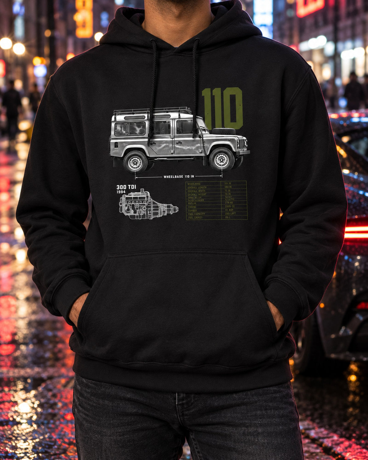 Land Rover Defender 110 300 Tdi 1994 Spec Poster Shirt Pull Over Hoodie Black worn hero