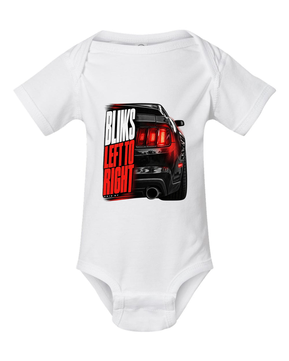 Macro print of a 2010 Ford Mustang S197 GT taillight white baby onesie front view with the design