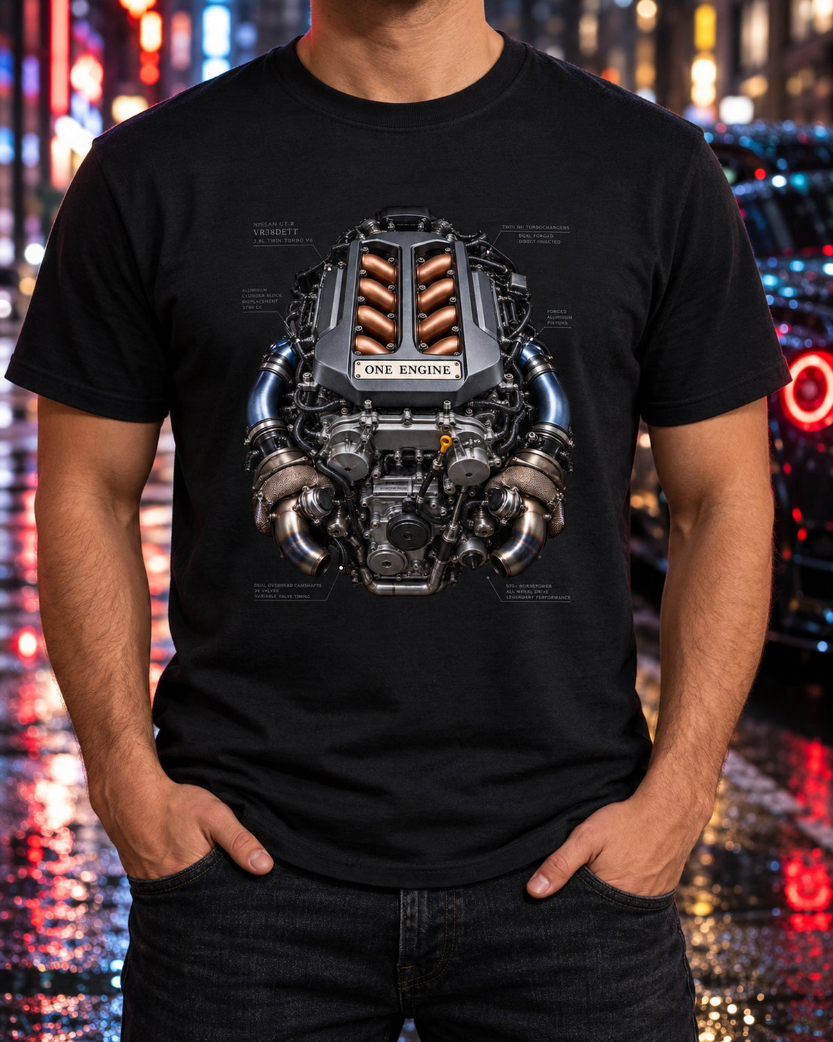 VR38DETT Nissan GT-R Engine Bay Graphic Tee, Car Guy Gift T-Shirt Black worn hero