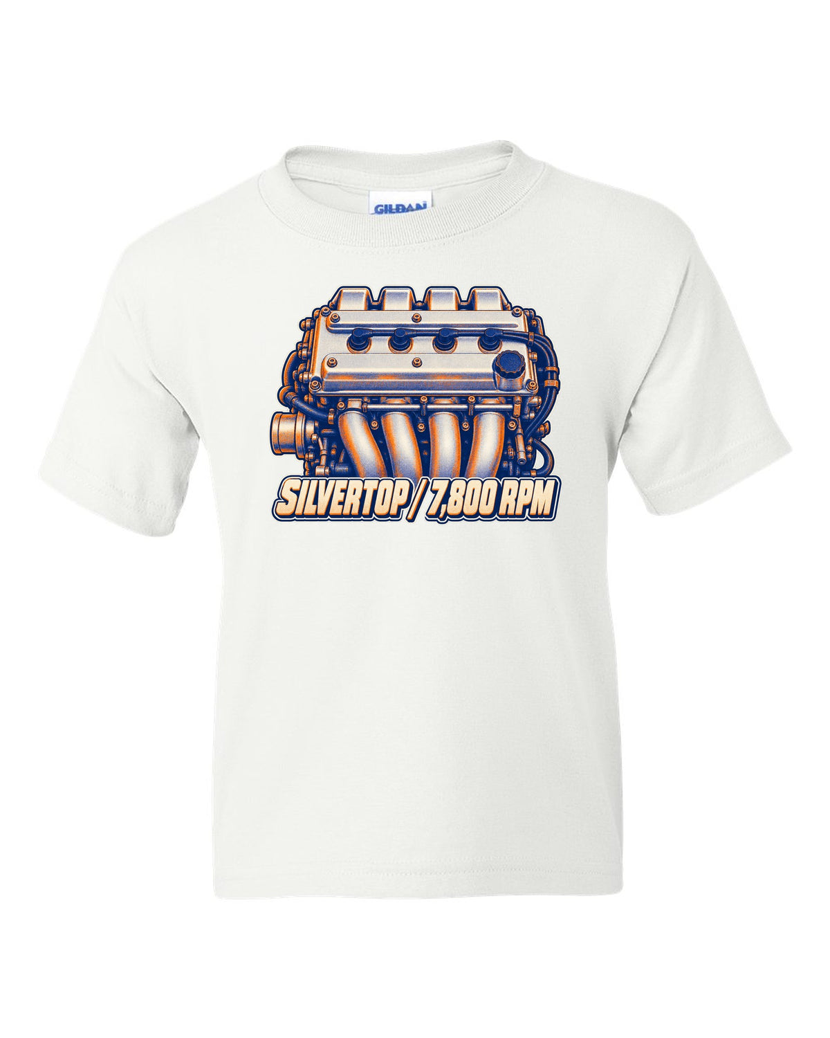 Two-colour risograph macro of the silvertop engine in the Toyota Corolla AE101 white kids tee front view with the design