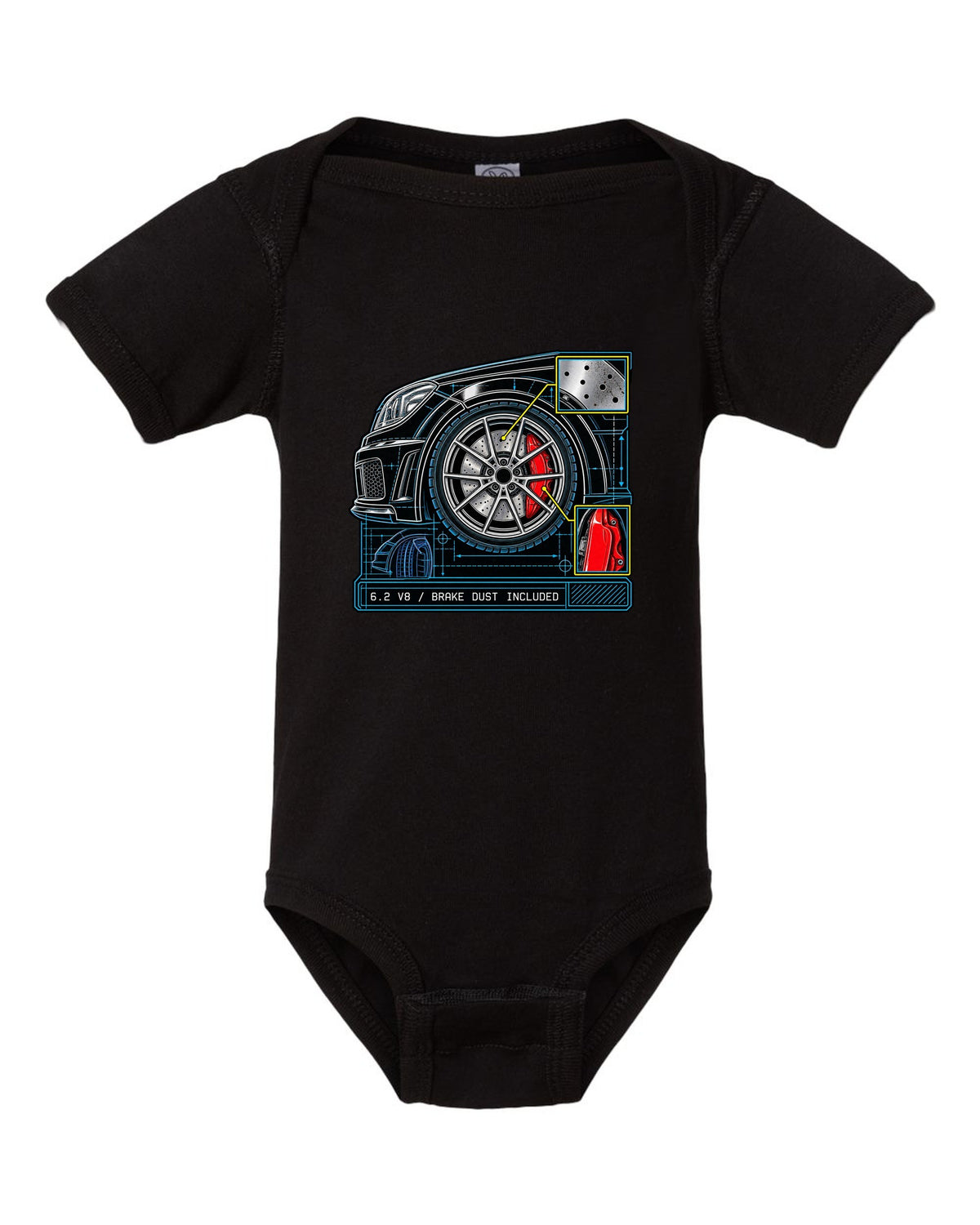 Retro manga ink burnout illustration of a Mercedes C63 Coupe C204 with tyre text black baby onesie front view with the design