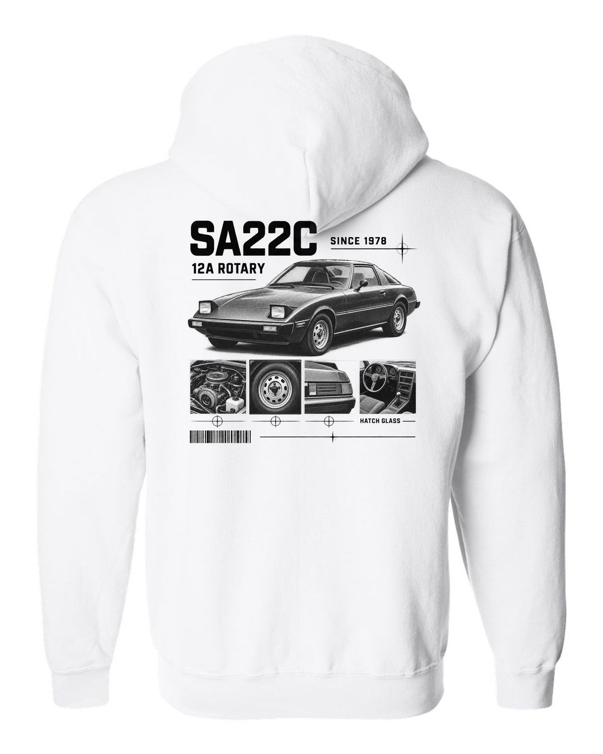 Dossier panel print of a Mazda RX-7 SA22C with 12A rotary lettering white zip hoodie back view with the design