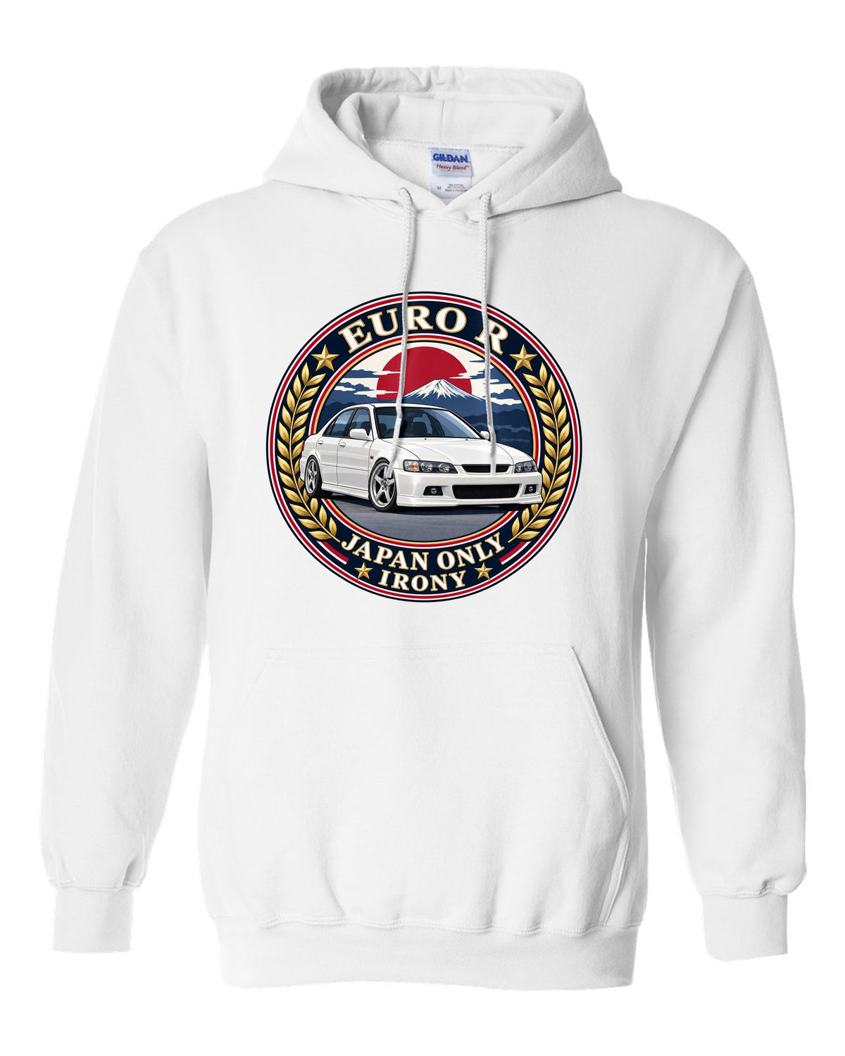 Crest layout print for the Honda Accord Euro R CL1 with Japan Only text white pull over hoodie front view with the design