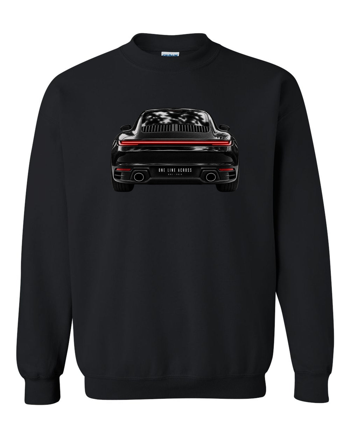 Taillight macro print of a 2019 Porsche 911 Carrera 992 rear light black crewneck front view with the design