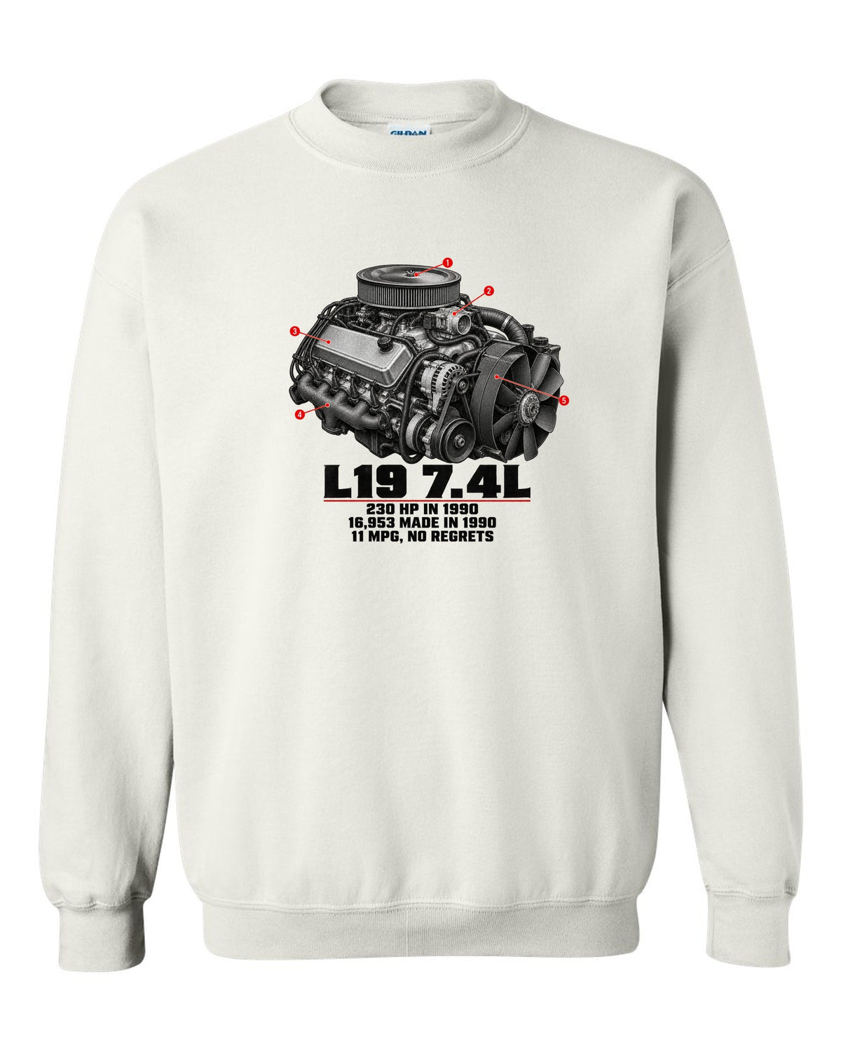 Engine print of a 1990-93 Chevrolet 454 SS pickup with L19 7.4L and 230 HP text white crewneck front view with the design