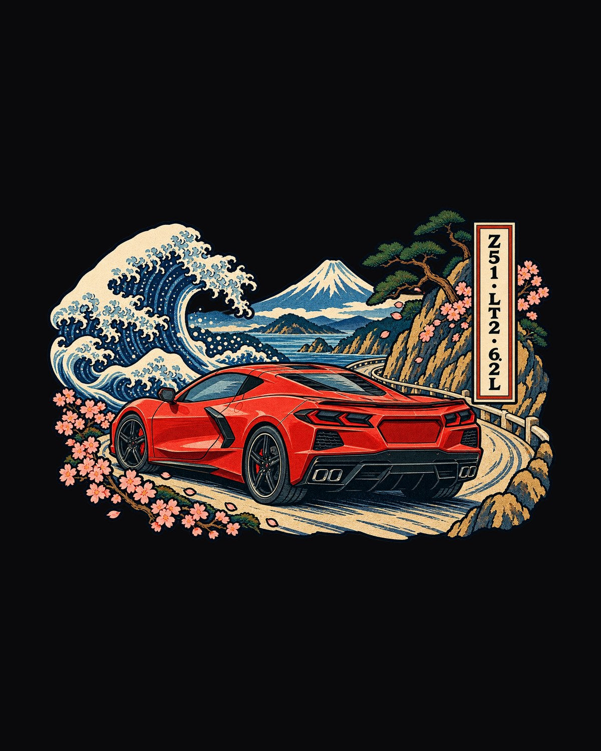 Fuji Pass Woodblock Corvette C8 Stingray Z51 Ukiyo-e Tee design only