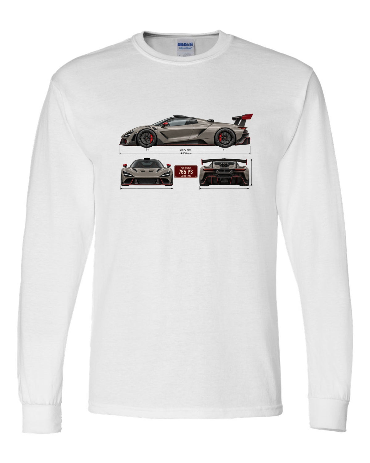 Three-view spec print of a McLaren 765LT, 765 built, 765 PS white long sleeve front view with the design