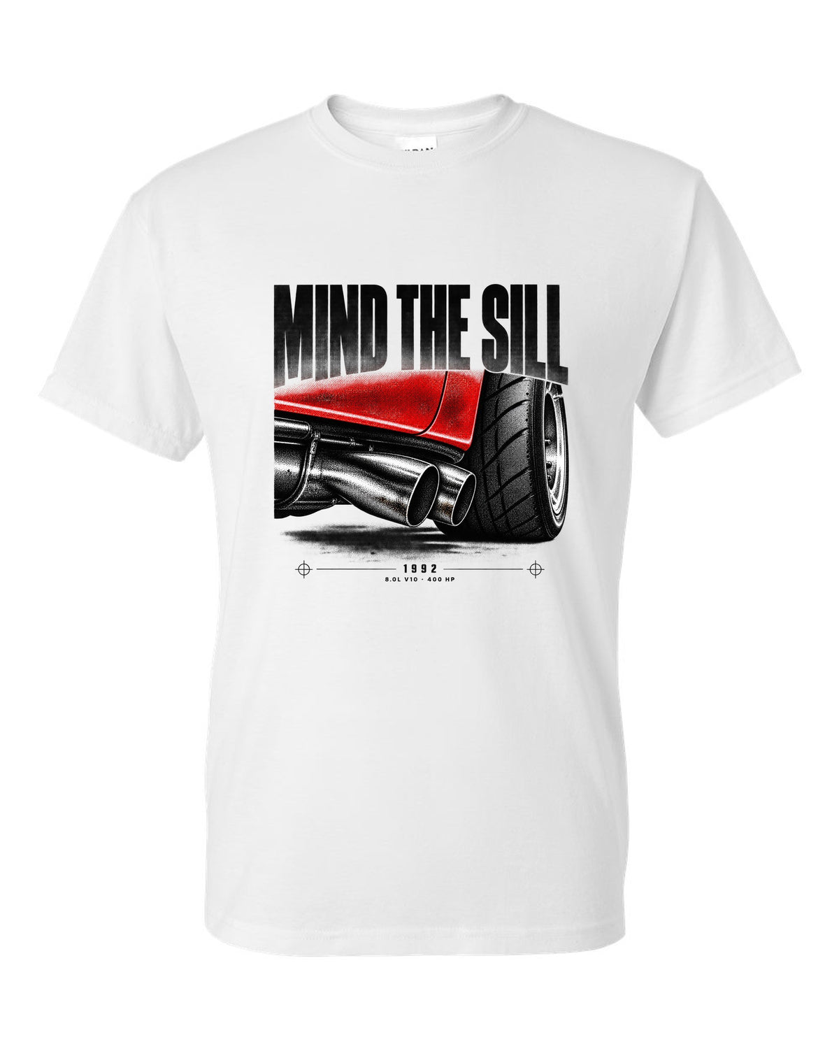 1992 Dodge Viper RT/10 SR I taillight macro print with Mind the Sill lettering white t-shirt front view with the design