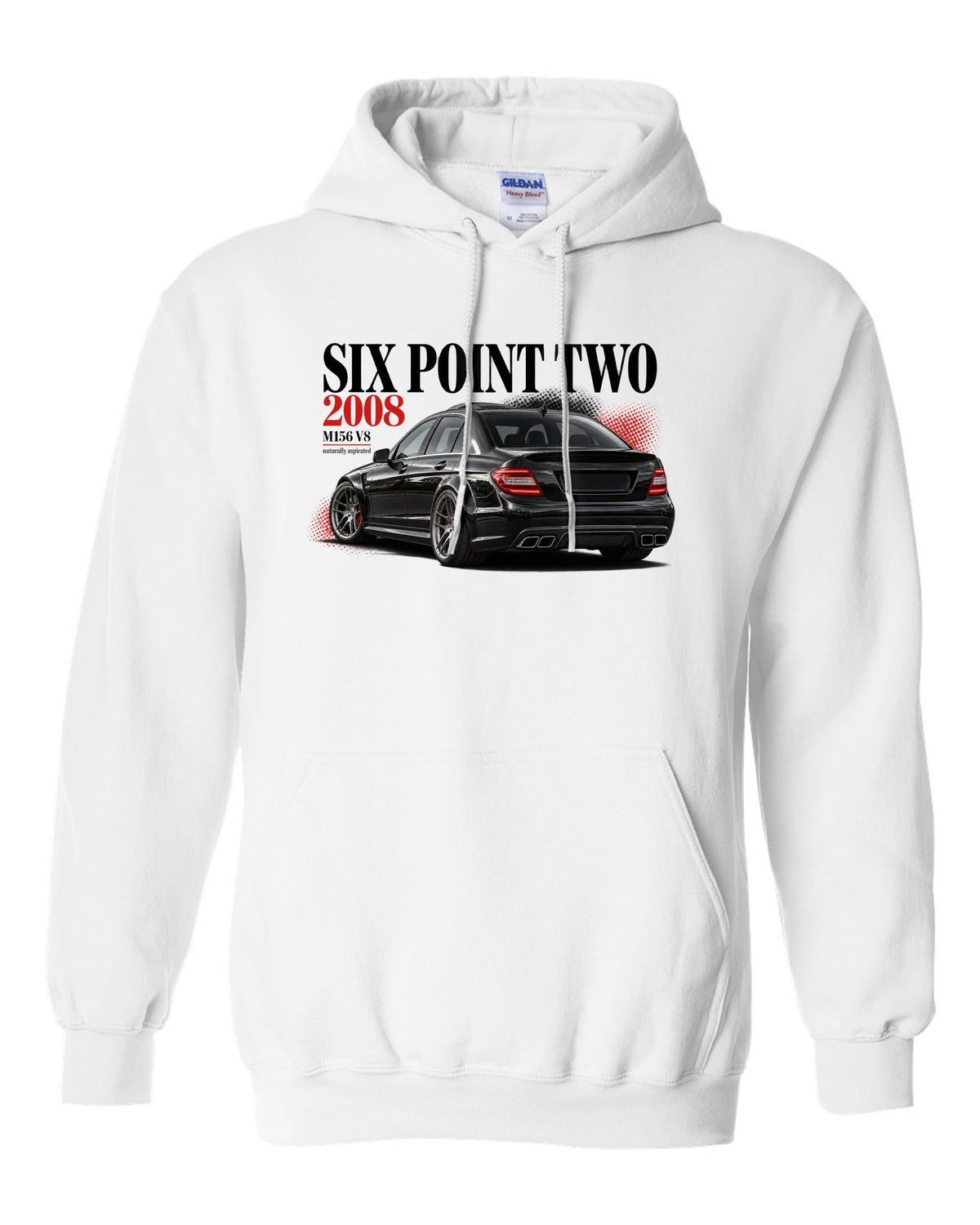 print editorial headline of a 2008 Mercedes C63 AMG W204 sedan with text Six Point Two 2008 white pull over hoodie front view with the design