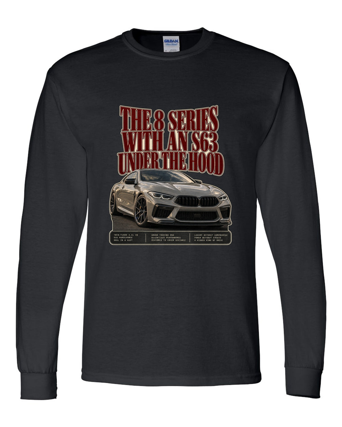 BMW M8 Competition Coupe F92 editorial headline print on a tee black long sleeve front view with the design