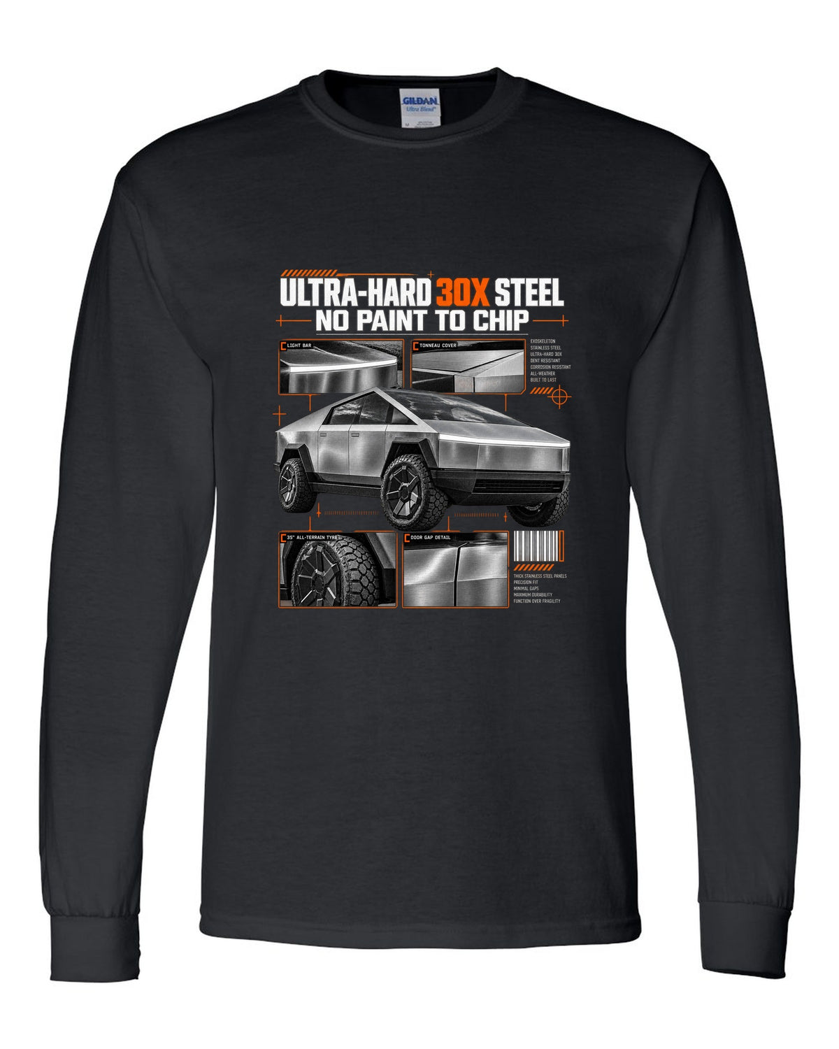 Tesla Cybertruck 2023 dossier panel graphic with ultra-hard 30X steel and no paint to chip black long sleeve front view with the design