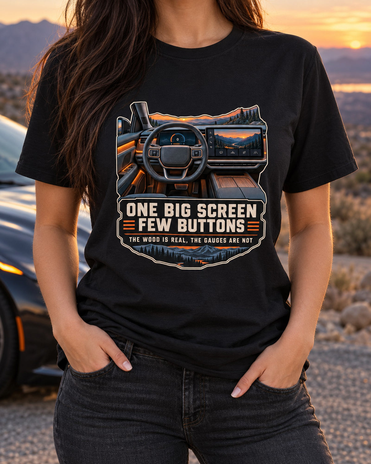 Rivian R1T Cockpit Gauge Shirt, One Big Screen Interior Print T-Shirt Black worn hero