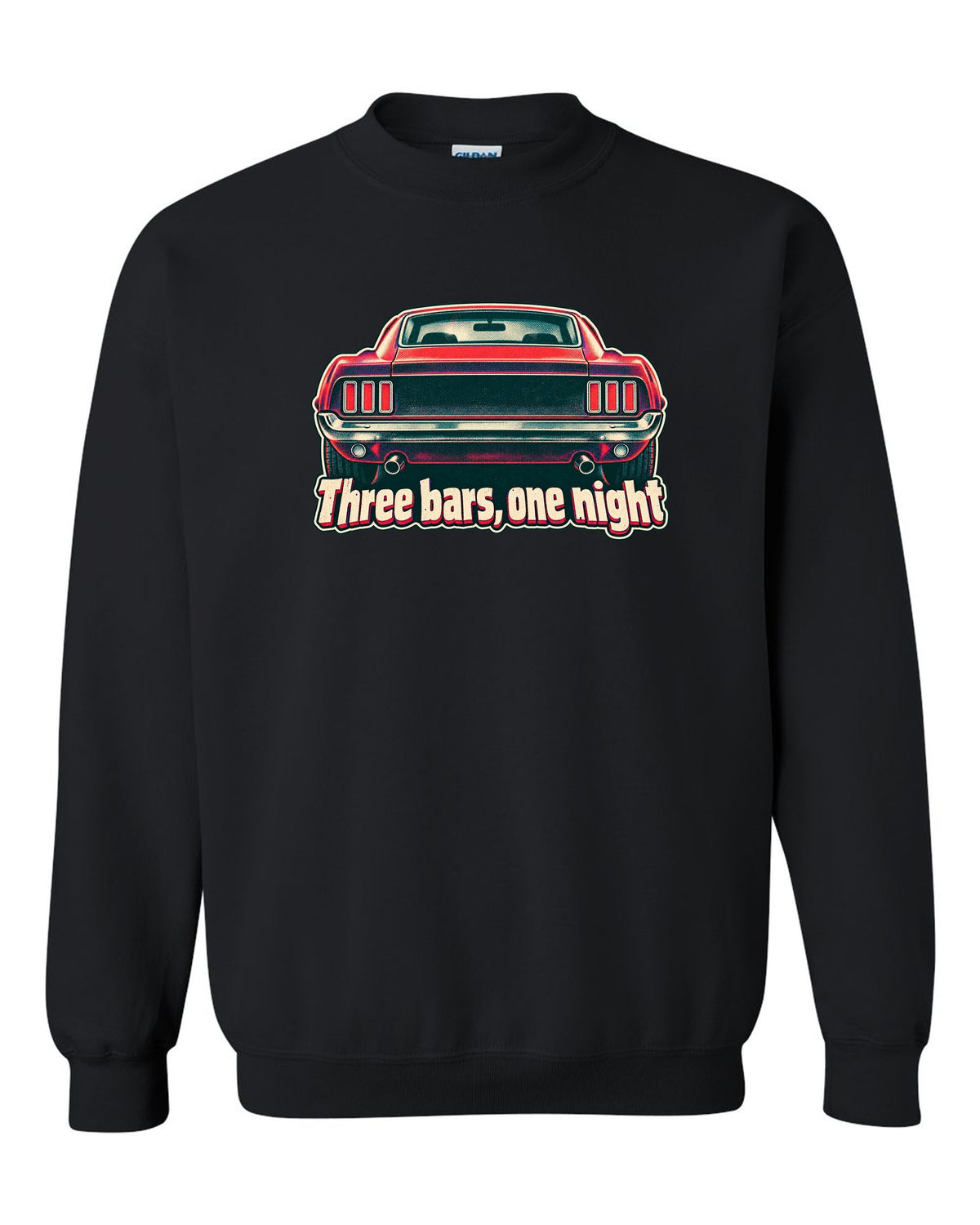 Risograph halftone print of the 1969 Ford Mustang fastback taillights with three bars black crewneck front view with the design