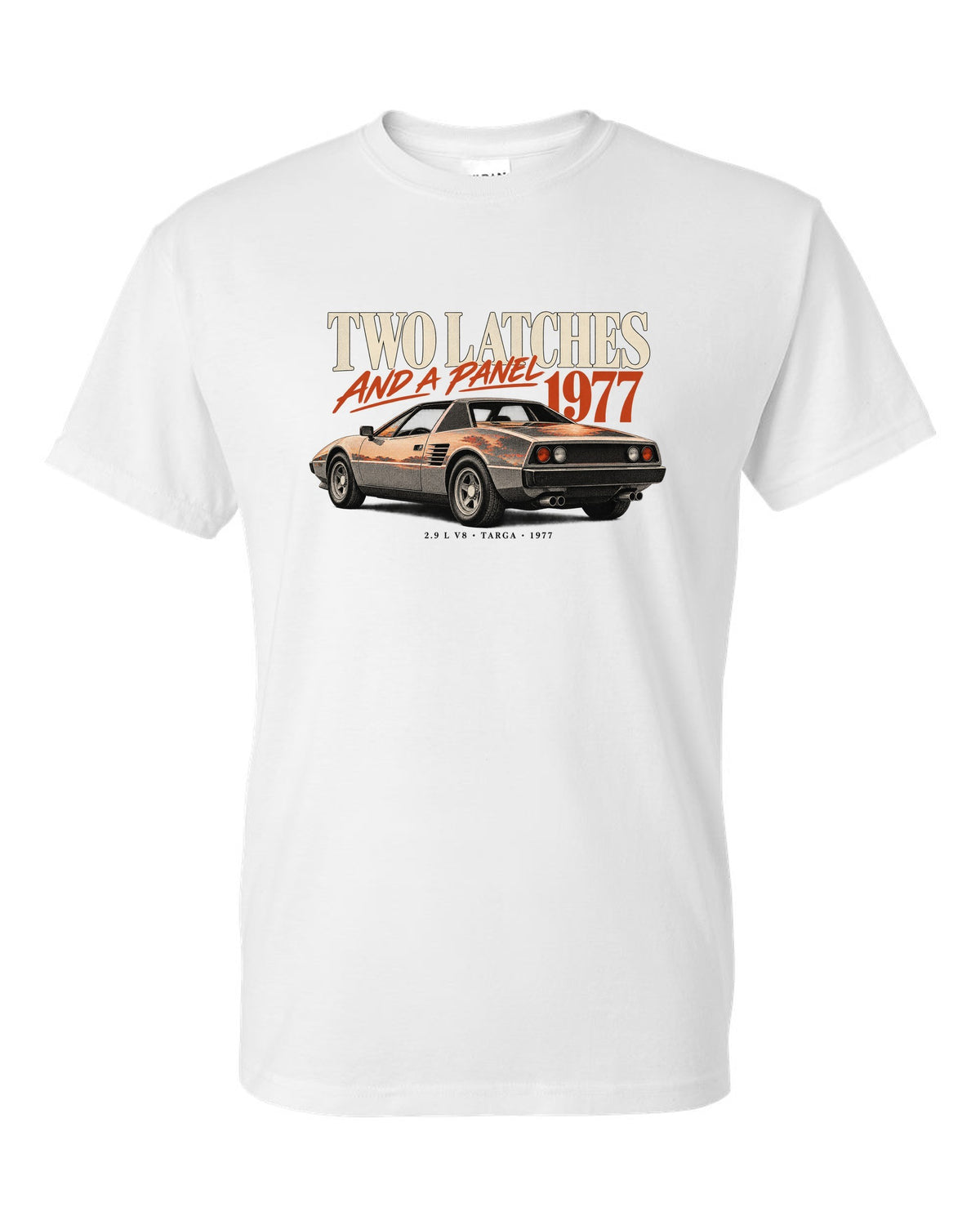 Ferrari 308 GTS 1977 rear three-quarter print, two latches and a panel, targa roof white t-shirt front view with the design