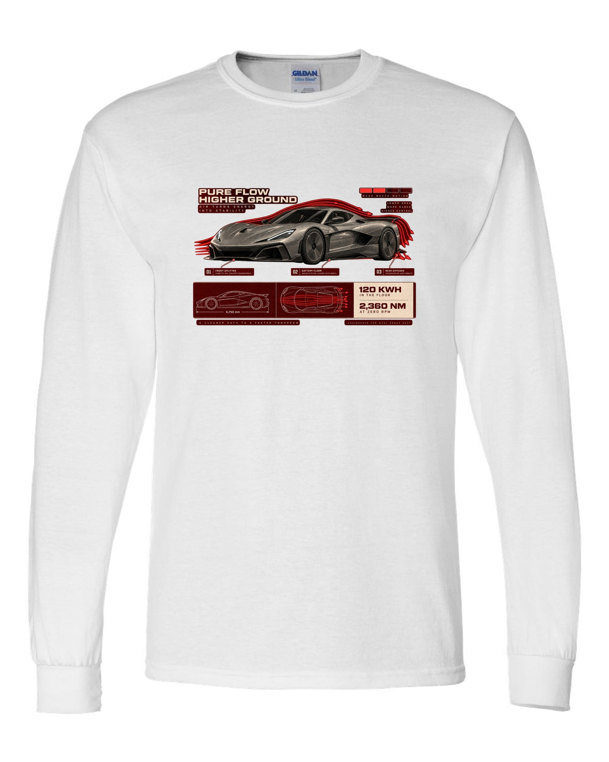 Rimac Nevera 2021 low front three-quarter aero callouts print with 120 kWh and 2,360 Nm text white long sleeve front view with the design
