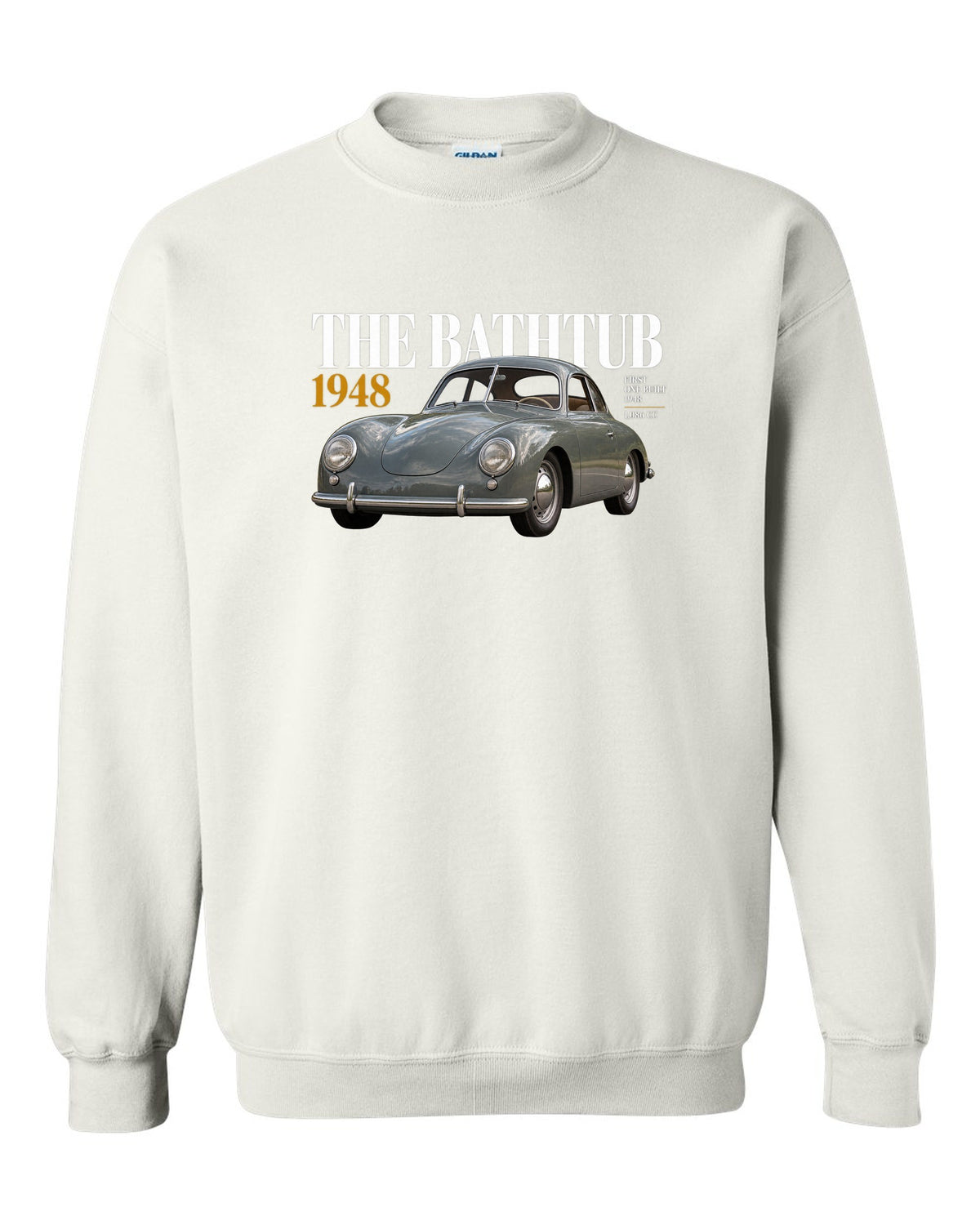 Editorial headline print of the 1948 Porsche 356 Pre-A coupe nicknamed the Bathtub white crewneck front view with the design