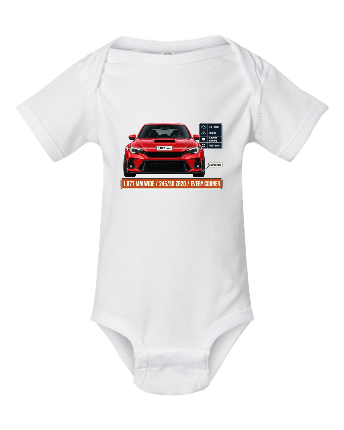 Front elevation of a Rallye Red Honda Civic Type R FK8 on a spec poster print white baby onesie front view with the design
