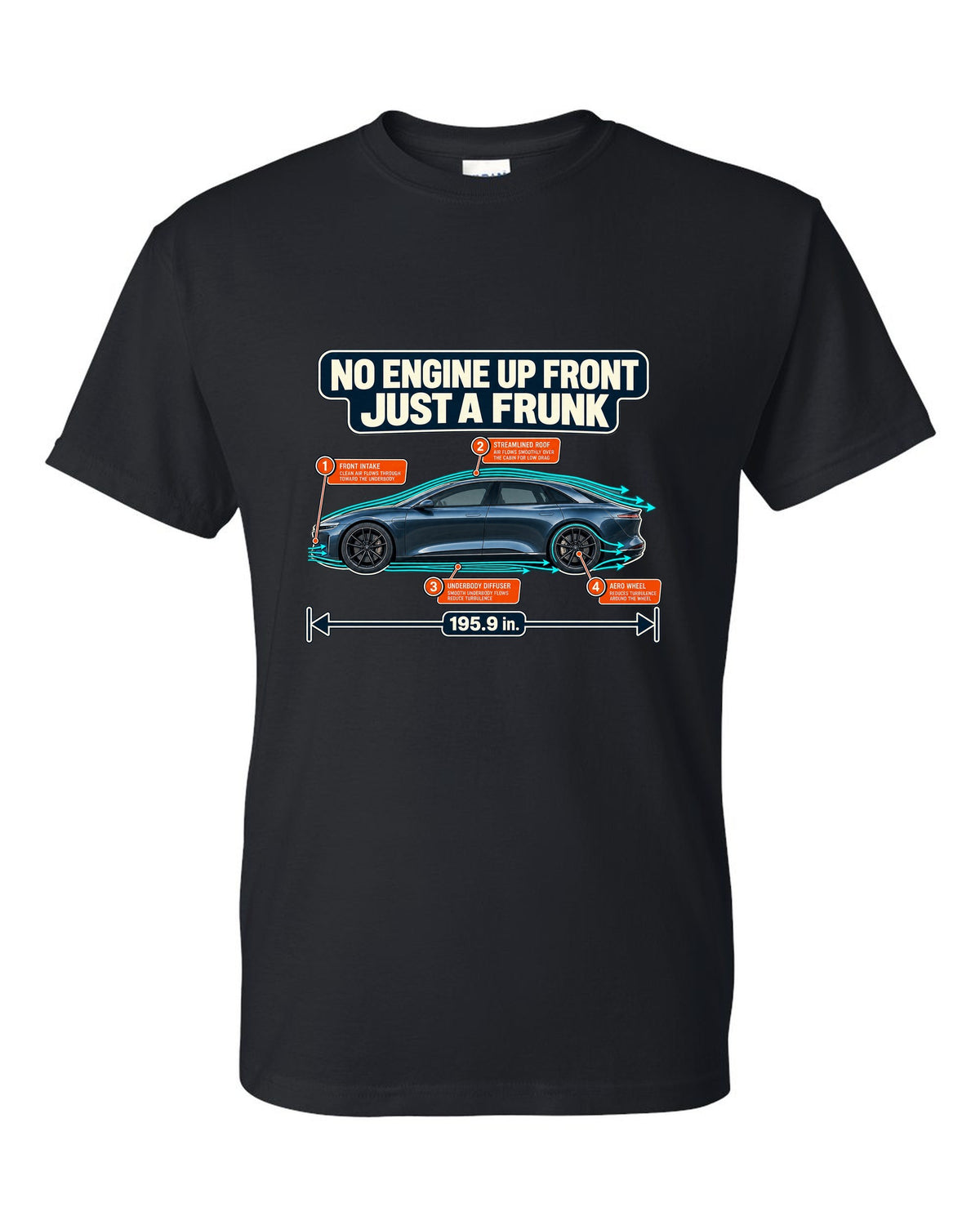 Aero cutaway callout print of a Lucid Air Sapphire showing the front trunk black t-shirt front view with the design